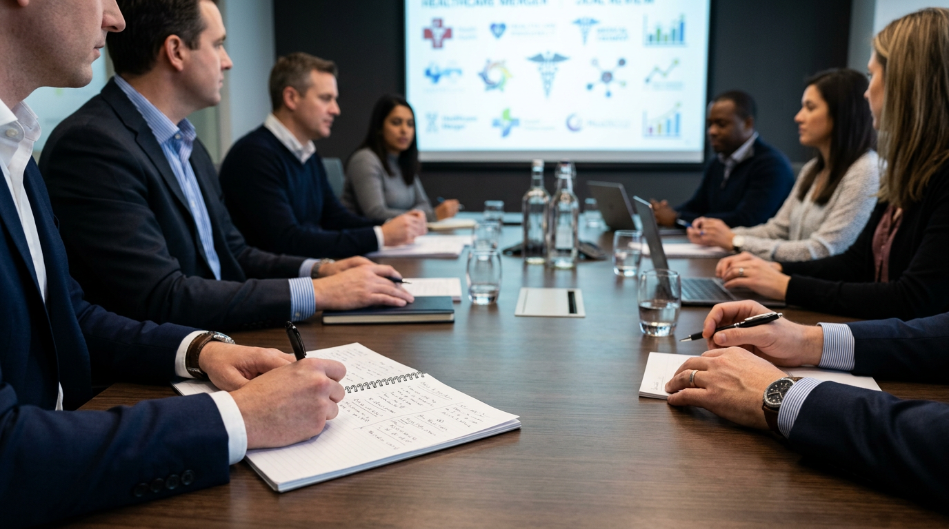 Healthcare professionals in a boardroom reviewing a mergers and acquisitions presentation, representing buyer activity in the UK healthcare services M&A market.