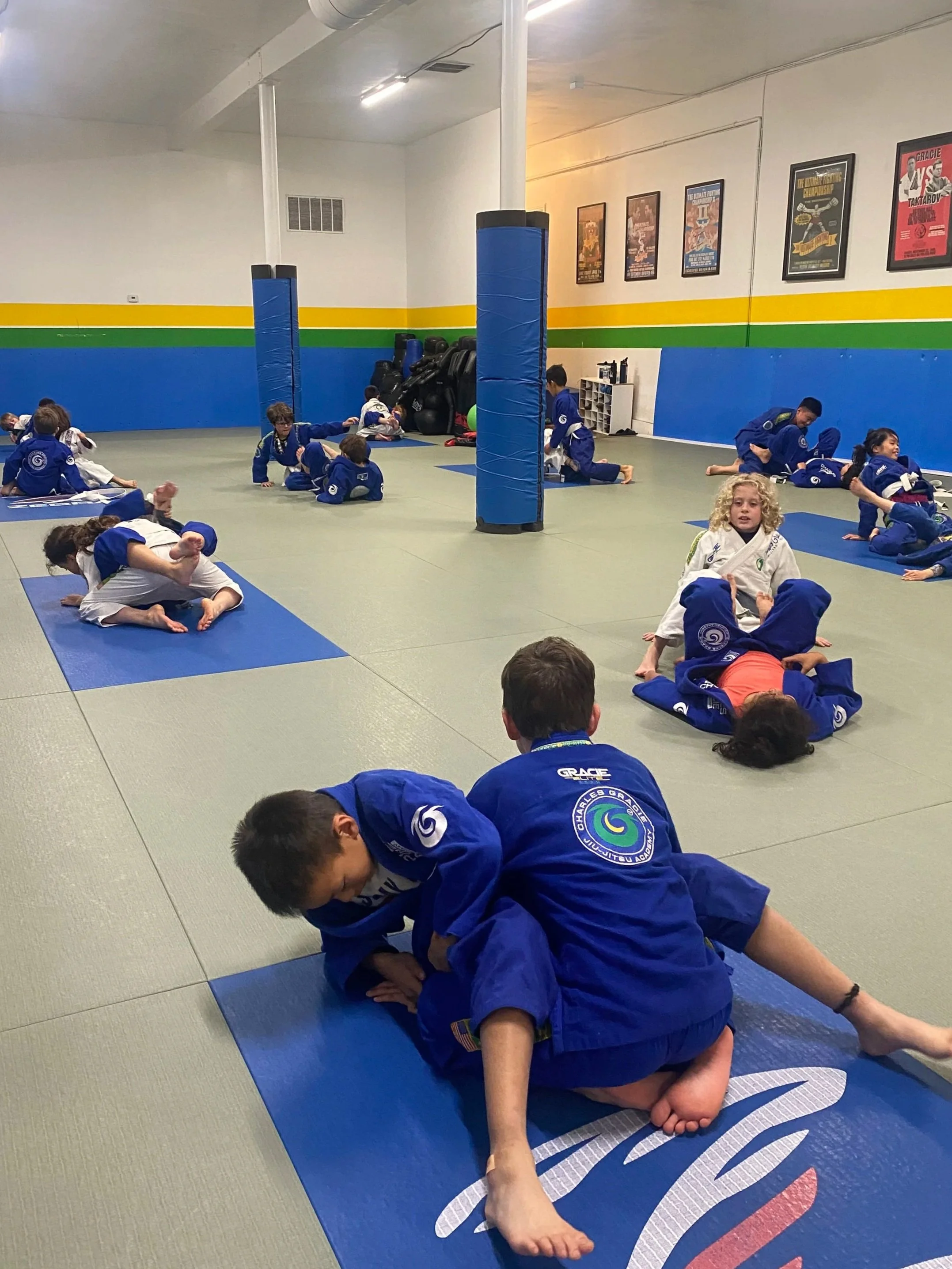 Children practicing Brazilian Jiu-Jitsu on mats in a martial arts gym, wearing blue and white gis, with posters on the wall, and padded equipment in the background.