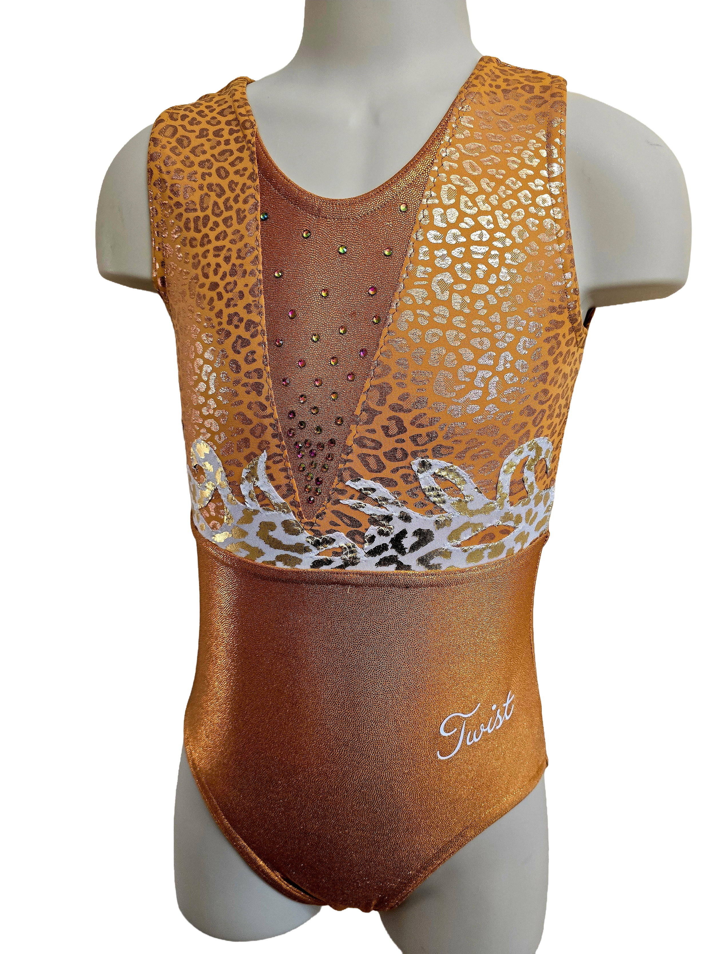 Orange leotard with leopard print, rhinestones, and white animal design, displayed on a mannequin.
