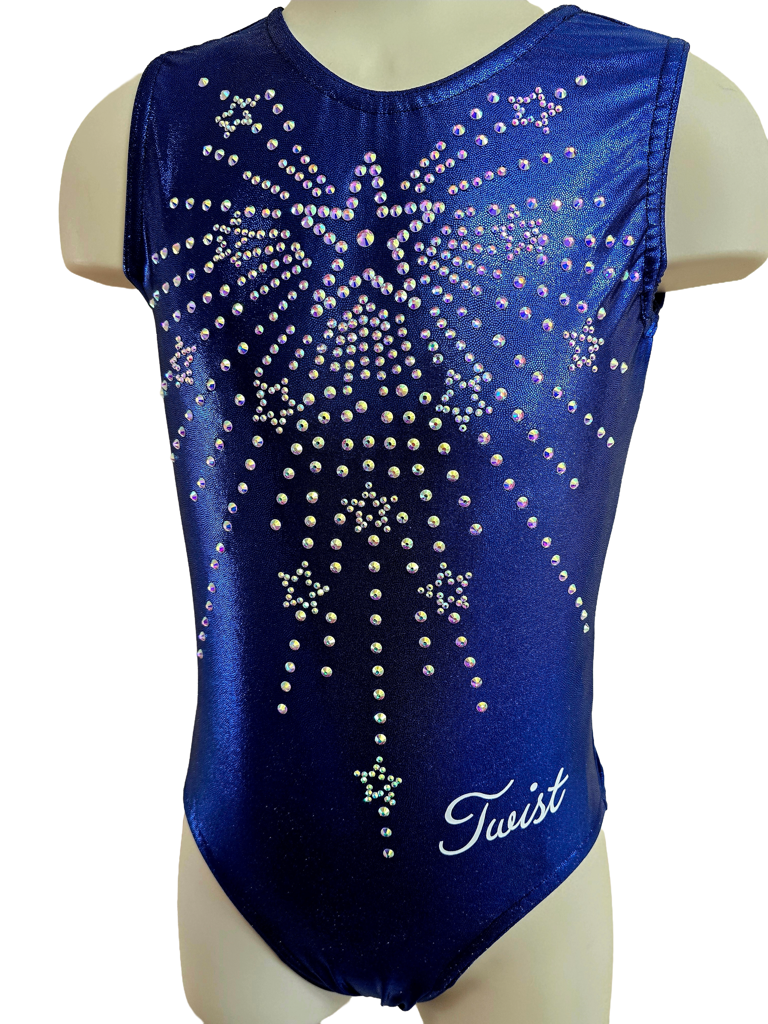 A blue gymnastics leotard decorated with rhinestones arranged in a ballet dancer silhouette pattern, with the word "Twist" written in white cursive at the bottom right.