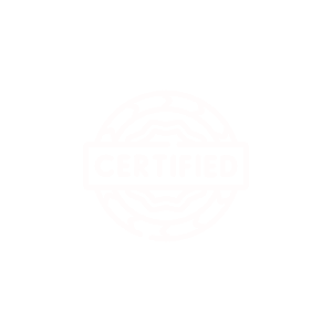 A circular certification badge with a maze-like border and the word 'CERTIFIED' in the center on a black background.
