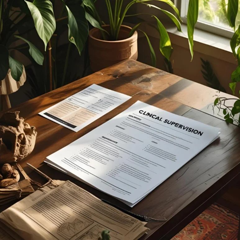 A wooden desk with medical documents, including a paper titled 'CLINICAL SUPERVISION', a newspaper, and other papers, surrounded by potted plants near a window.