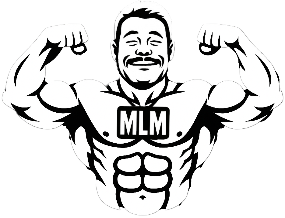 A cartoon muscular man with a big smile flexing his biceps, wearing a tank top with 'MLM' on his chest, in black and white, with a black background.