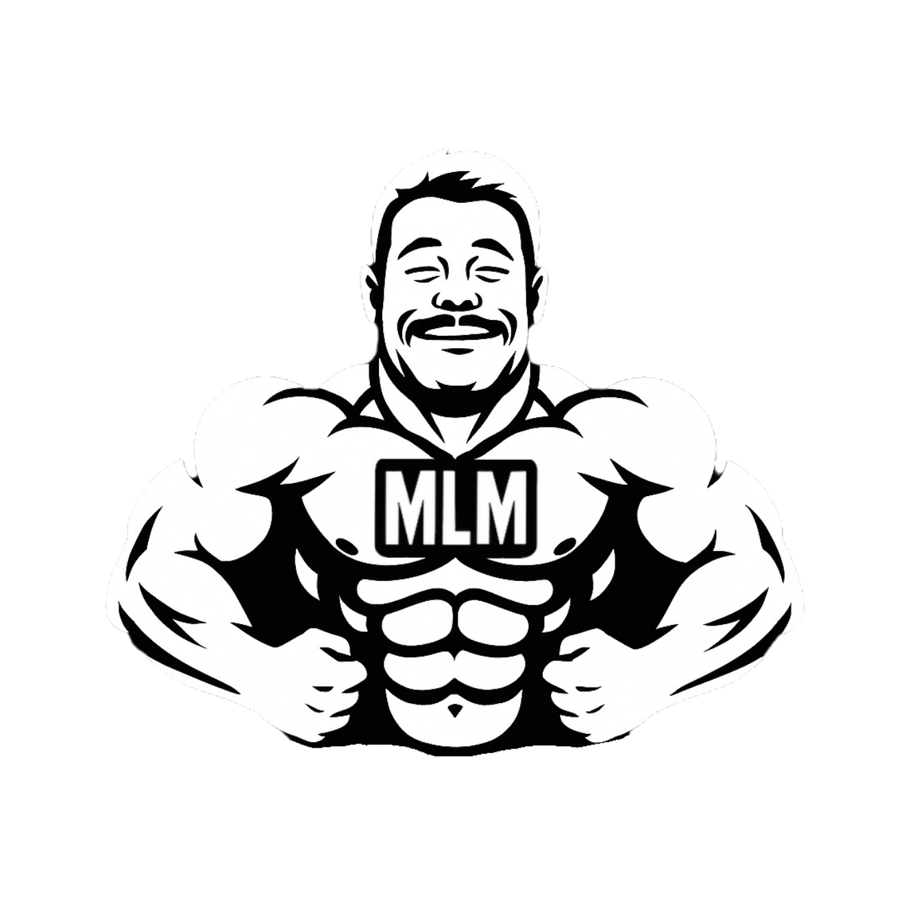 Black and white illustration of a muscular man with a smiling face, flexing his muscles, wearing a chest plate with the letters 'MLM'.