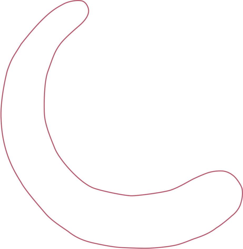 Zeichnung eines halbmondförmigen Gegenstands mit rosa Kontur auf schwarzem Hintergrund.
