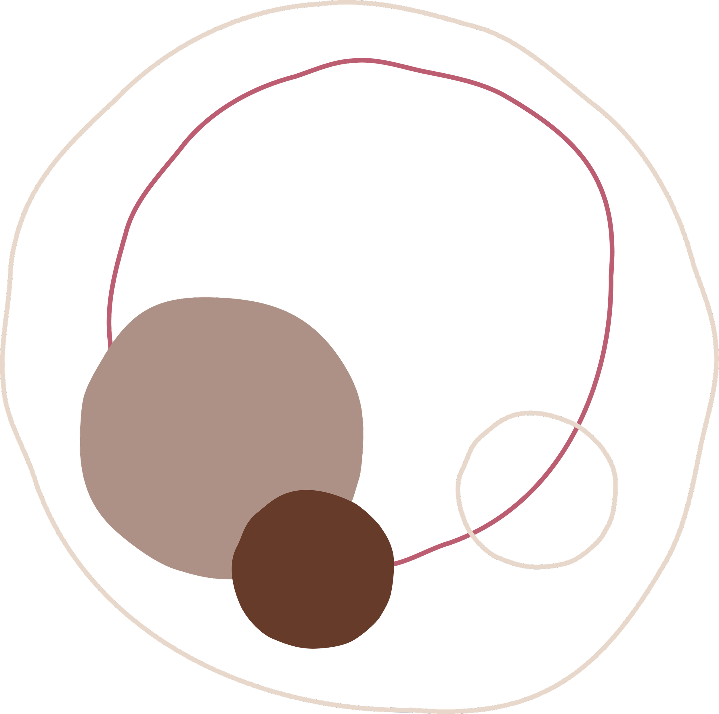 Abstraktes digitales Kunstwerk mit mehreren bunten, geschwungenen Linien und drei großen Kreisen in beige, braun und dunkelbraun auf schwarzem Hintergrund.