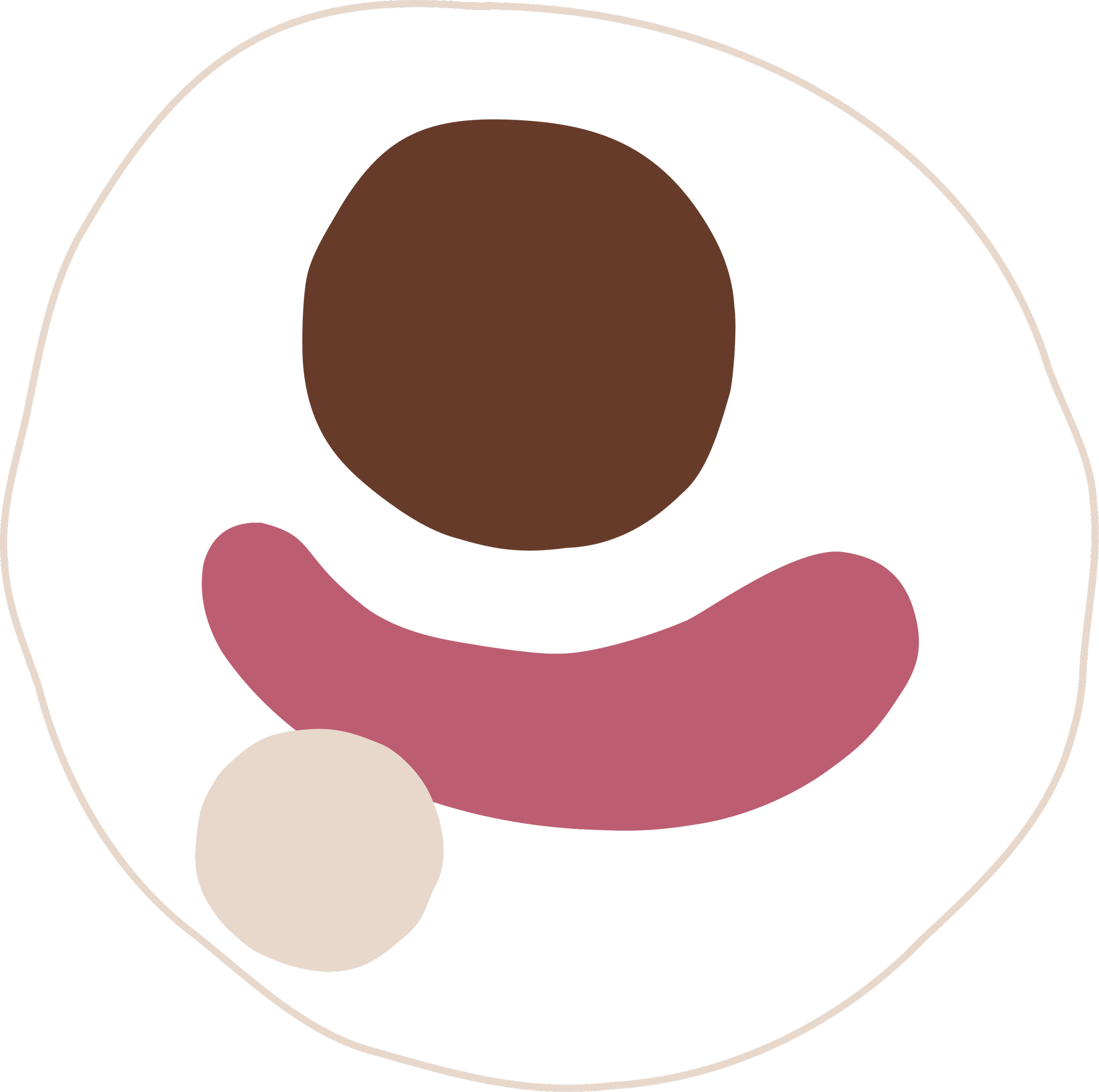 Abstrakte Illustration mit bunten geometrischen Formen, einschließlich eines großen braunen Kreises, eines pinken Halbkreises, eines kleinen weißen Kreises und schwarzem Hintergrund.