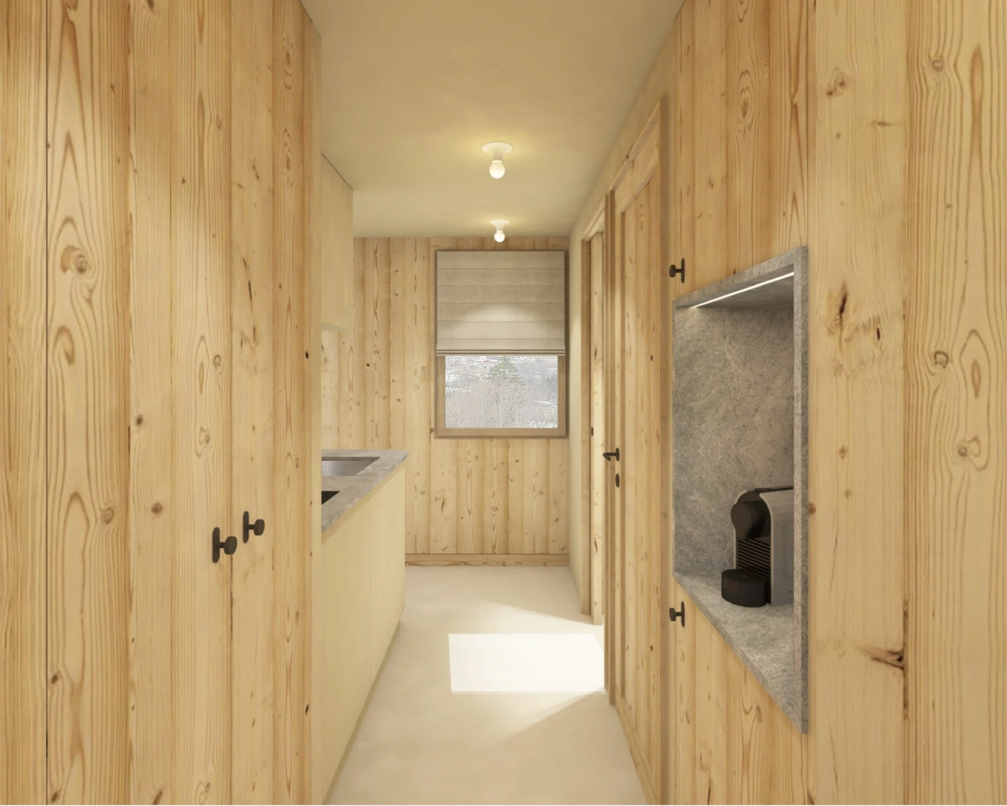 L'entrée de cette appartement à Megève avec ses placards habillés en sapin thermo-traité qui lui donne cet aspect authentique, le sol en béton ciré qui apporte la modernité et la minéralité avec la pierre bleu de Savoie en plan de travail. Les plafon