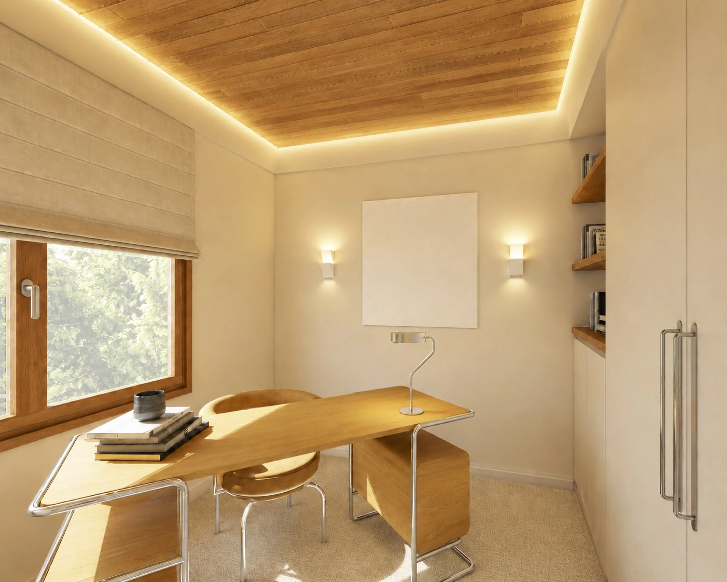 bureau avec corniche led au plafond, bureau en bois et métal