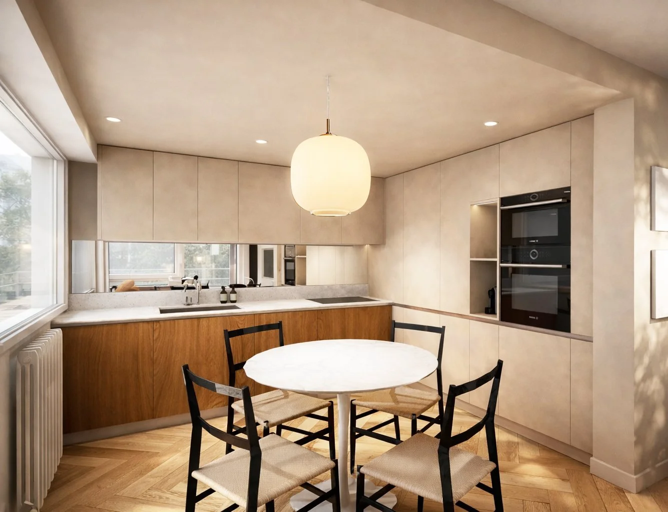 Aménagement de la cuisine en placage chêne teinté foncé et plan de travail en Durat, et le mobilier contemporain.