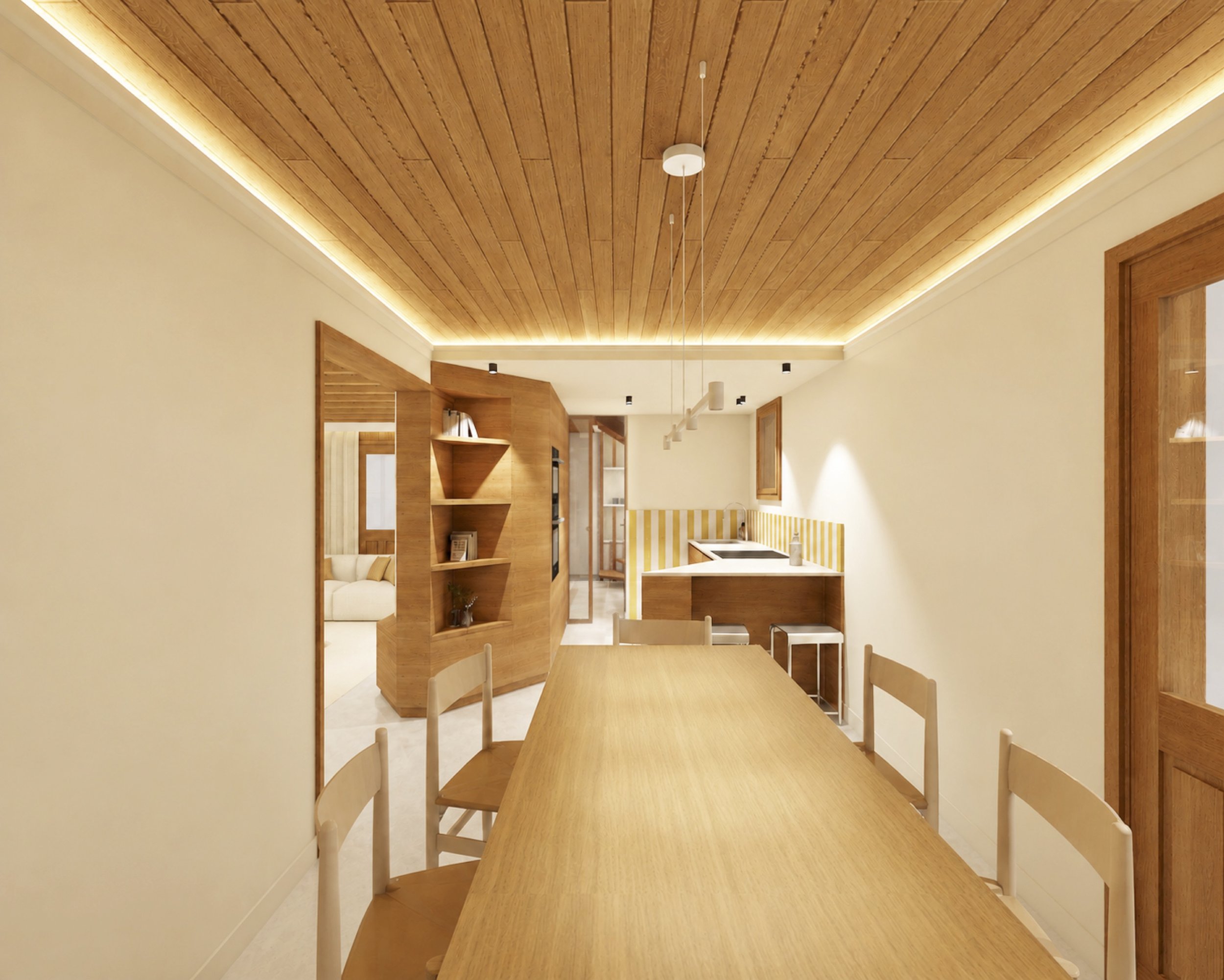 Salle à manger avec éclairage indirect plafond et mise en valeur des lambris bois, cuisine en bois