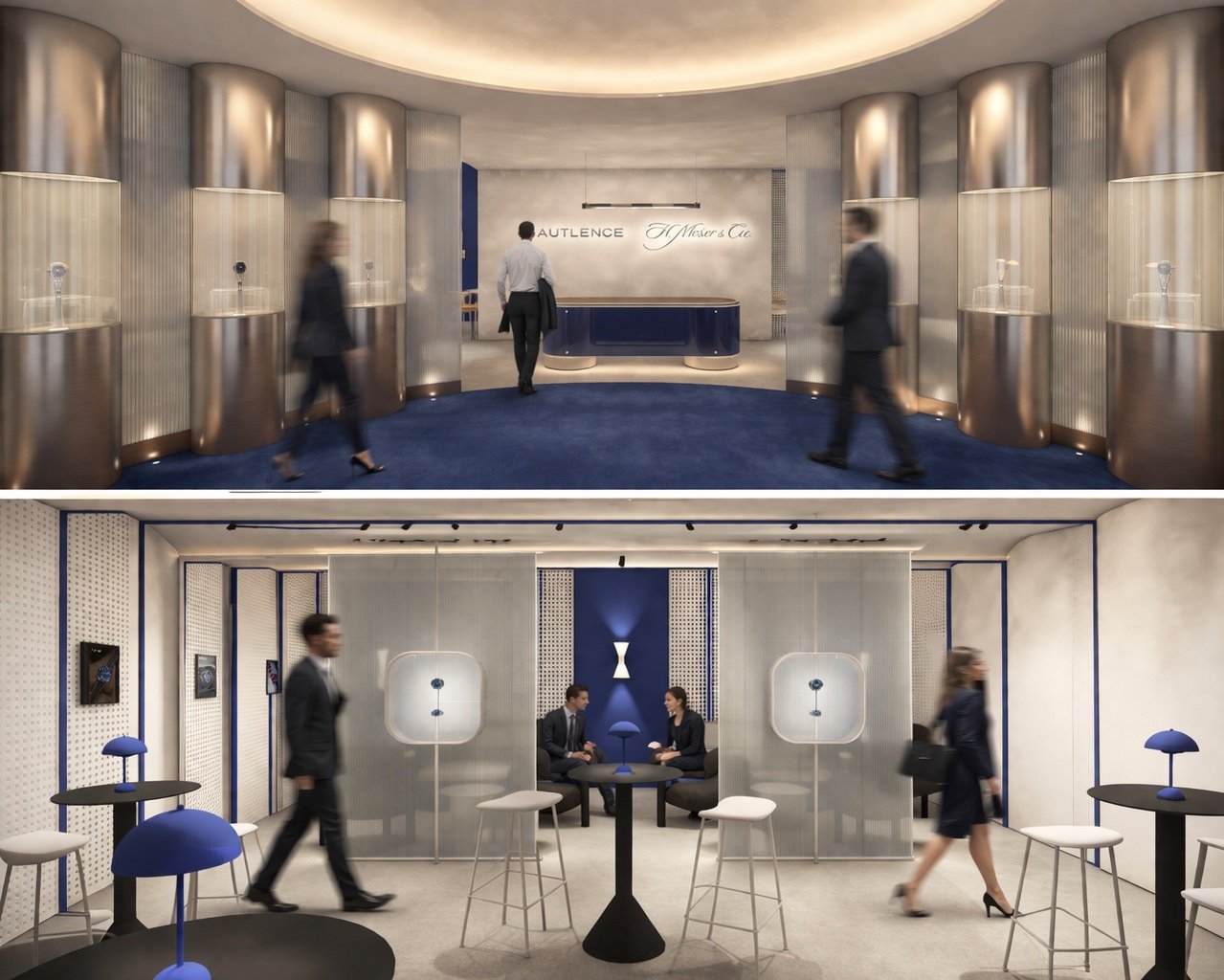 Vue photoréaliste présentant l'entrée d'un stand au salon de la huate horlogerie de Genève, watches & wonders, avec un travail d'éclairage indirect au plafond et présentant les montres dans des vitrines en acier brillant et la banque d'accueil.