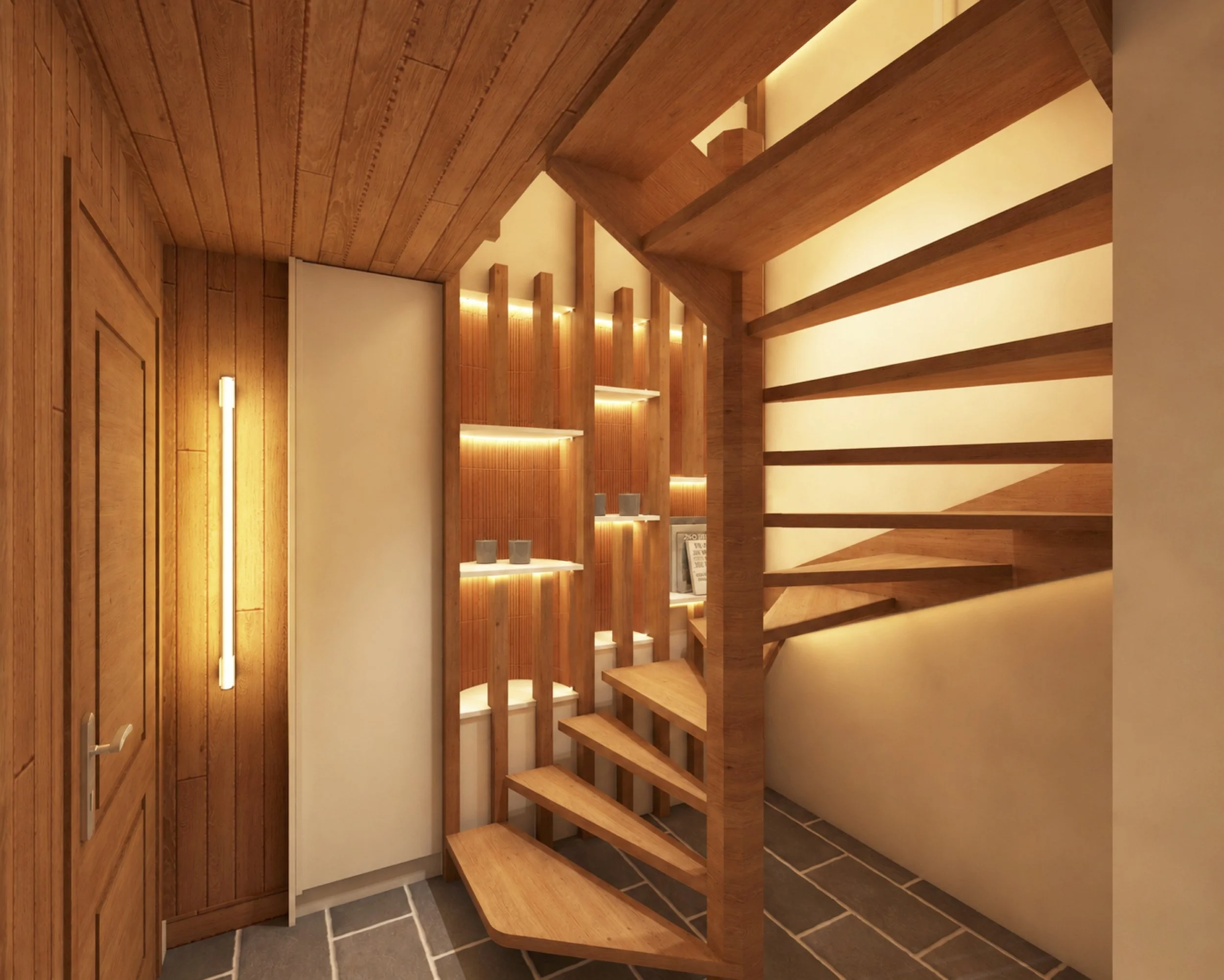 entrée sol en ardoise escalier bois et niche décoratives