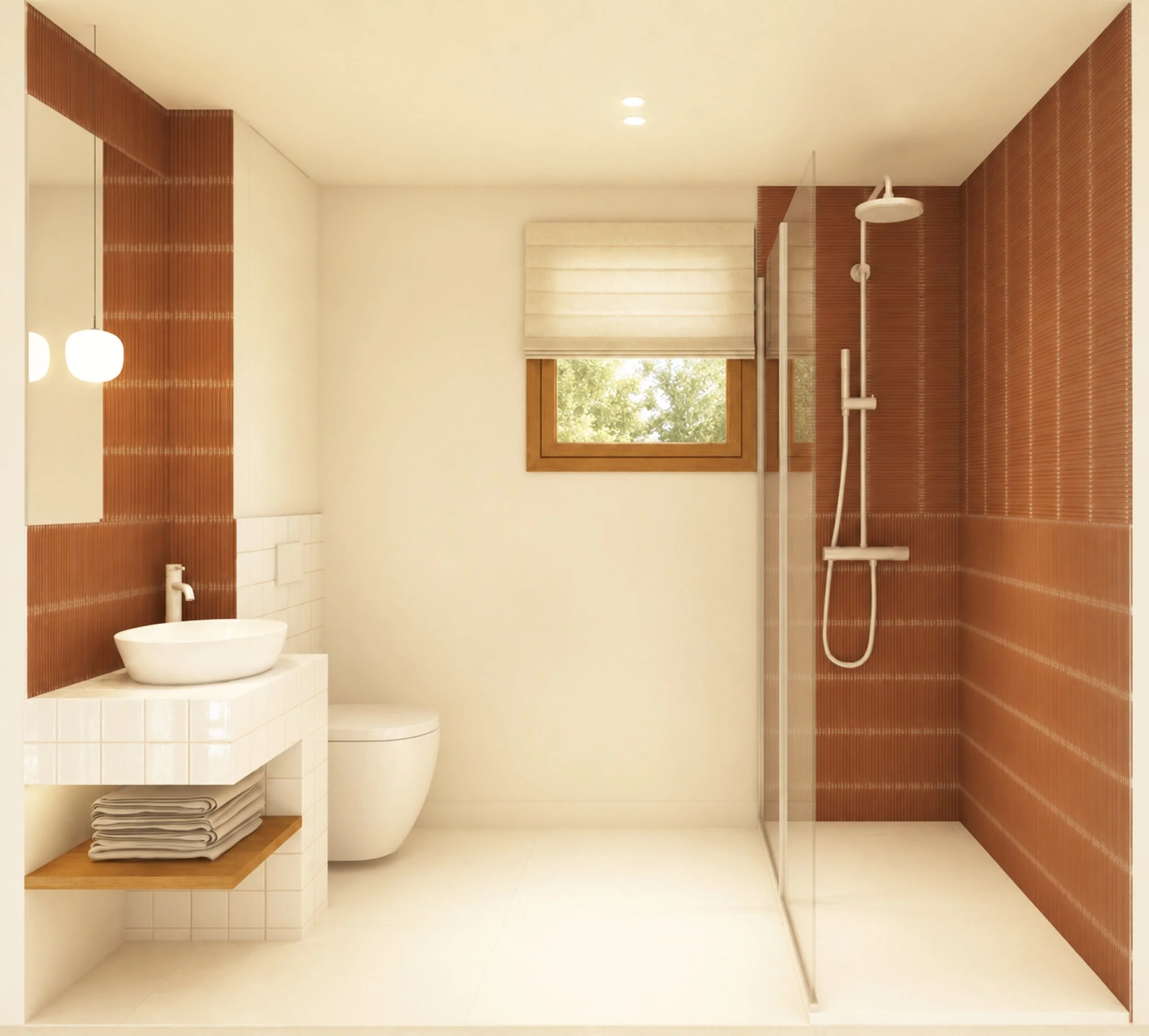 salle de bain en carrelage, plan vasque carrelé et vasque à poser, large douche avec receveur et colonne de douche.