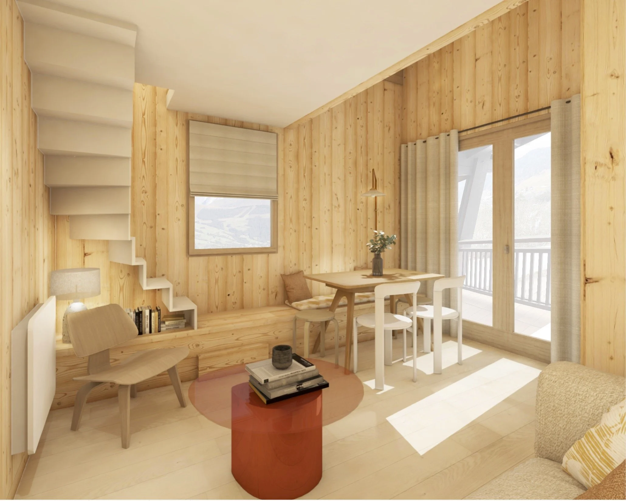 L'espace séjour de cette appartement à Megève qui se trouve sous la mezzanine. Des spots viennent créer des points lumineux aux murs et mettent en valeur des tableau sur les murs habillés en sapin. L'escalier est au coeur de cet pièce et est travaill