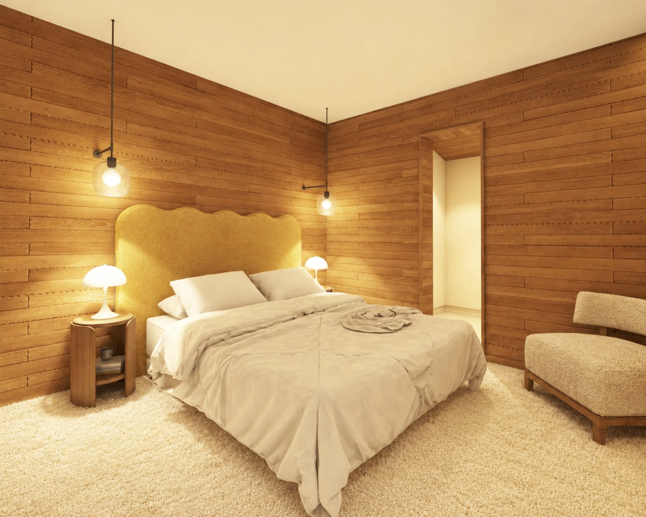 chambre avec murs en lambris, sol en moquette et tête de lit en tissu