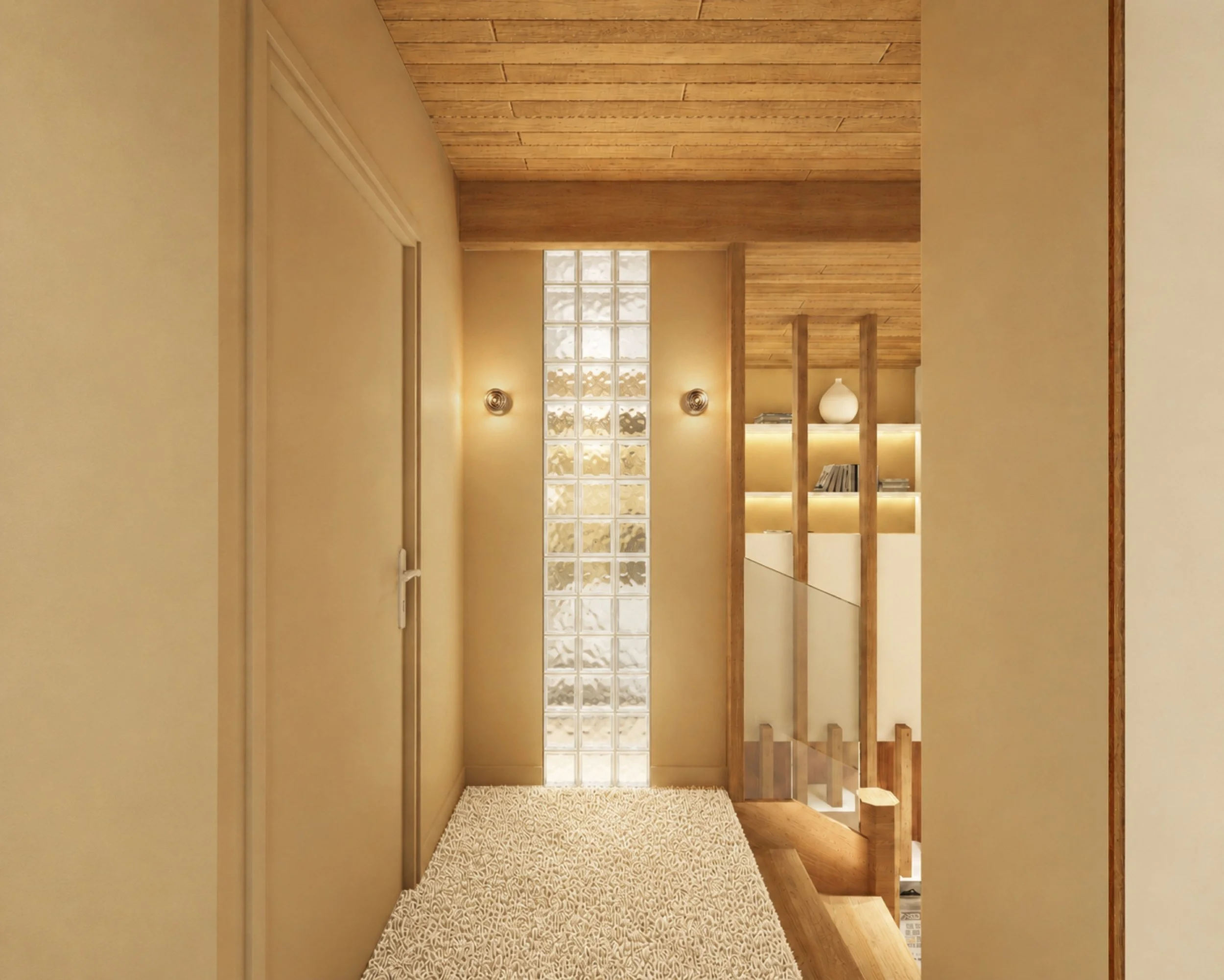 couloir avec sol en moquette, cloison en pavé de verre, claustra bois