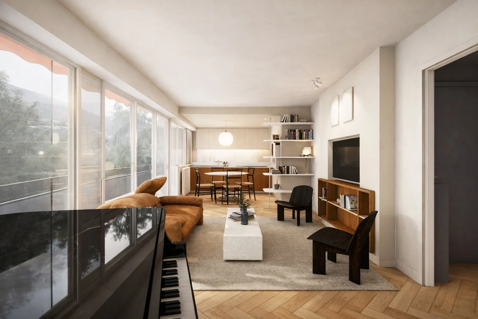 Séjour avec parquet au sol, un piano, des agencements menuisés sur mesure en bois. La cuisine est en chêne teinté foncé type noyer.