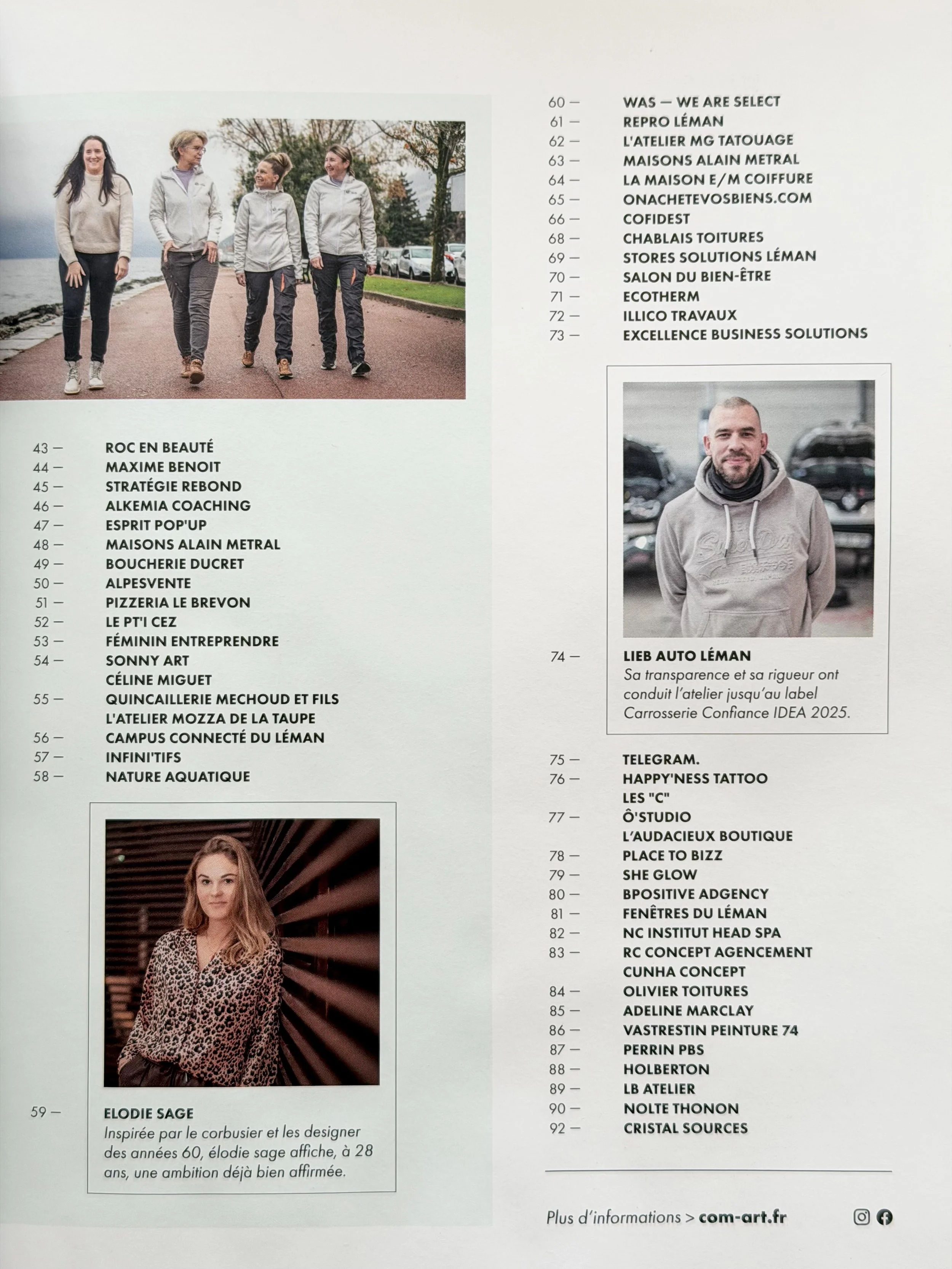 Page de magazine avec deux photos, une en haut montrant quatre femmes marchant sur un chemin en extérieur, une autre en bas montrant une femme avec un motif léopard. Texte en français listant différentes entreprises et sections du magazine.