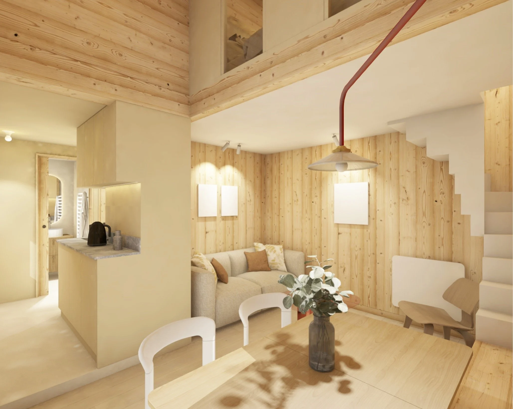 Le séjour avec la création d'une mezzanine créant un espace couchage supplémentaire. L'escalier en acier thermo-traité est la pièce architectural de l'appartement, travaillé comme un objet d'art central.