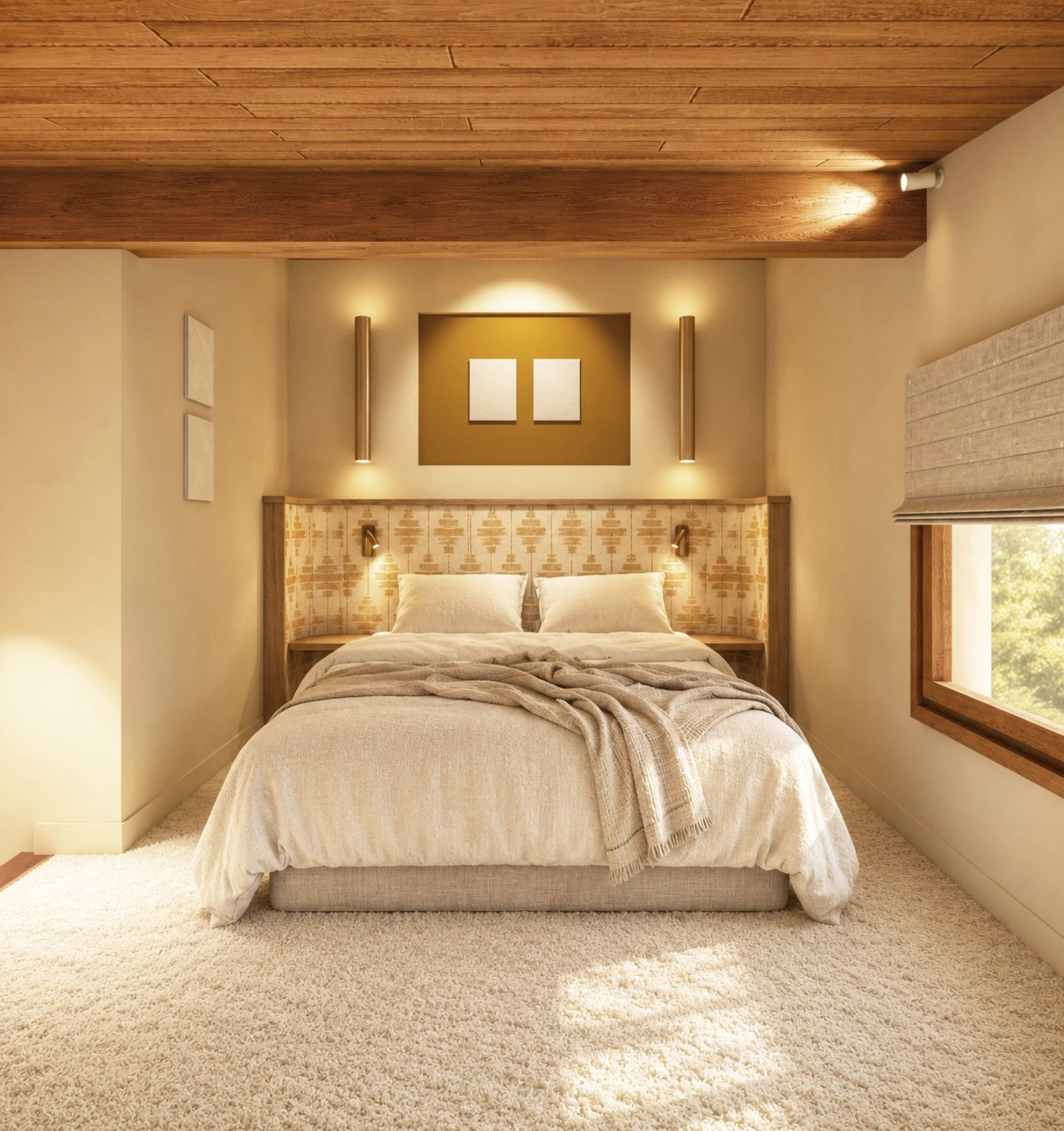 chambre master avec tête de lit en bois et tissu, éclairage avec spots et appliques, sol en moquette