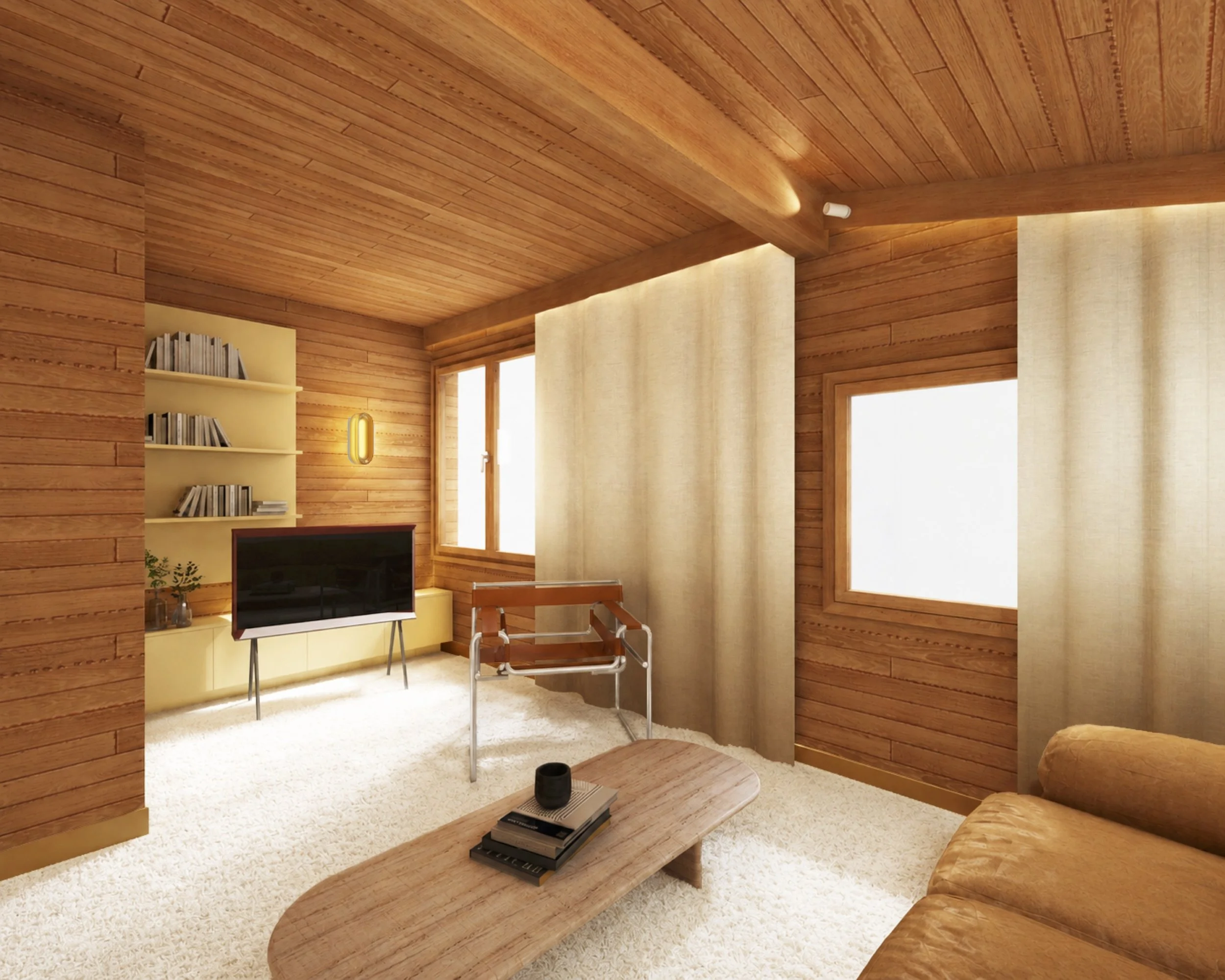 salon cinema avec salon confortable, sol en moquette, rail pour rideau et meuble sur mesure