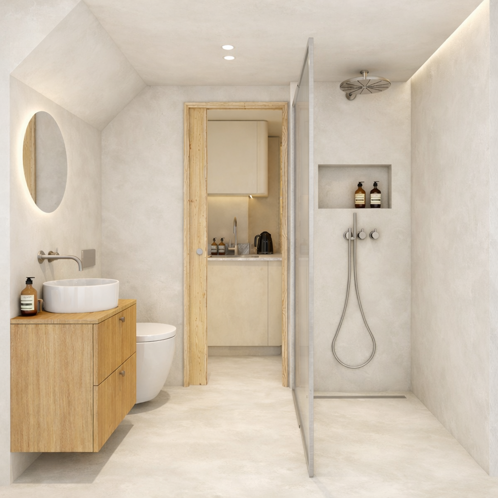 Dans cet appartement rénové situé à Megève, la salle de bain a été pensée comme un véritable cocon minéral, en parfaite continuité avec l’identité globale du projet.
Le choix d’un enduit décoratif sur l’ensemble des surfaces permet de créer une atmos