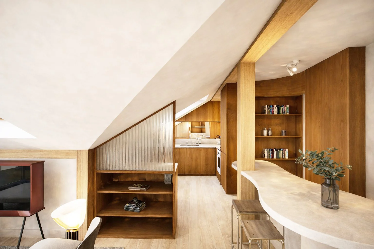 Mange-debout sur mesure en forme organique en enduit effet béton ciré. sol en parquet clair. Cuisine sur mesure en noter. Meuble bas avec une verrière en verre strié.