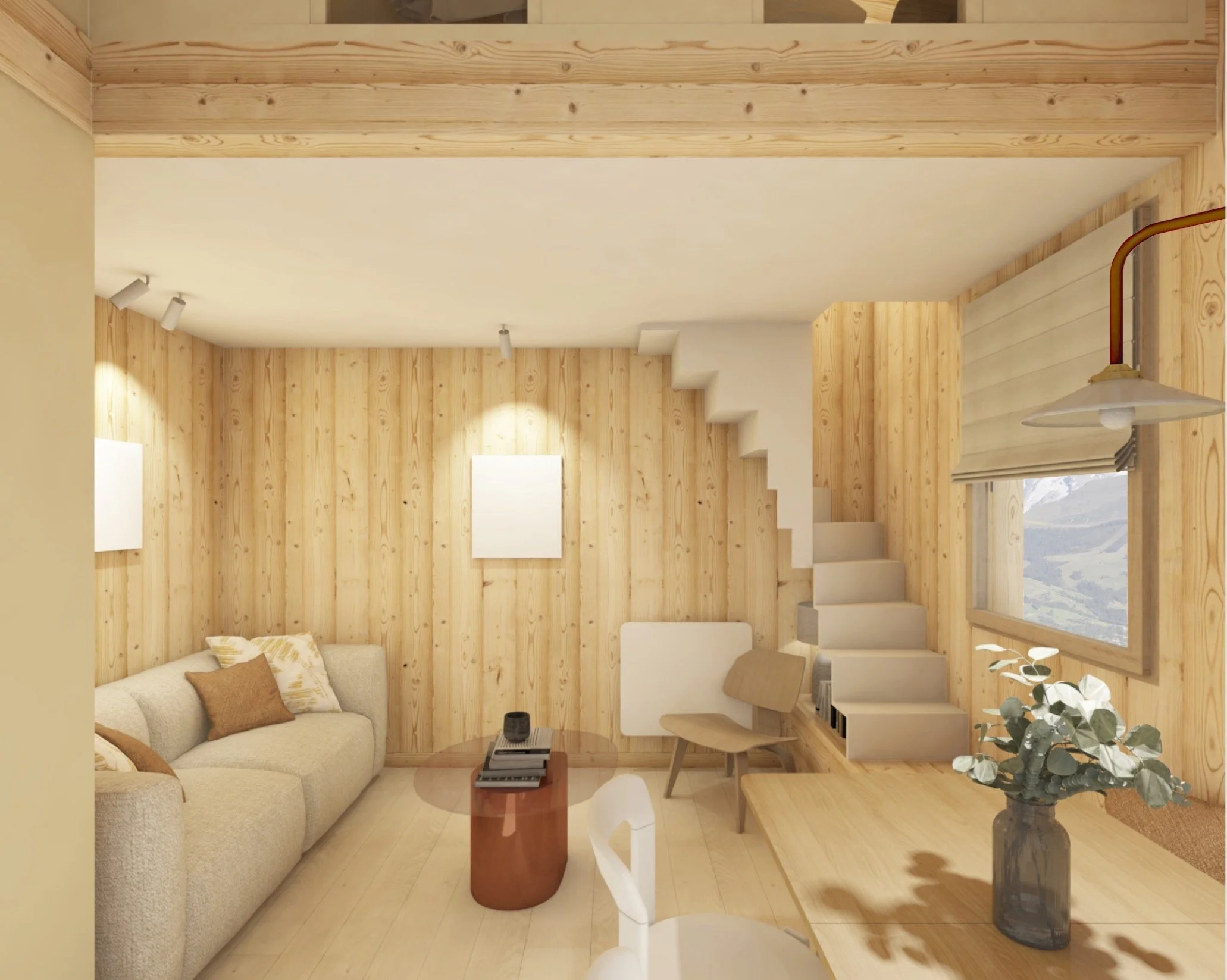 L'espace séjour de cette appartement à Megève qui se trouve sous la mezzanine. Des spots viennent créer des points lumineux aux murs et mettent en valeur des tableau sur les murs habillés en sapin. L'escalier est au coeur de cet pièce et est travaill