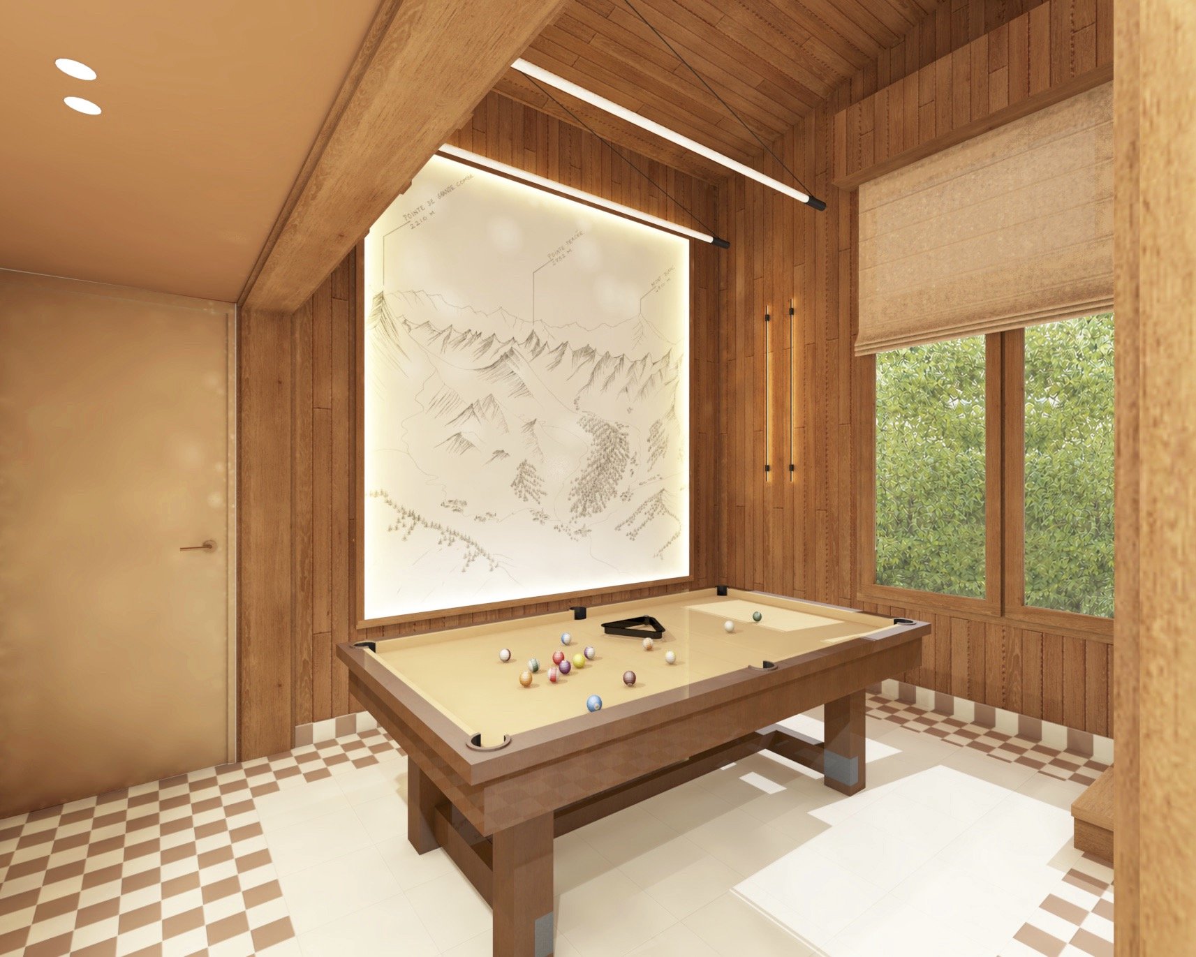salle de jeu avec un billard au centre, sol en damier et tapis en carrelage blanc pour marquer l'emplacement du billard. Jeu de lumière avec différents types d'éclairages