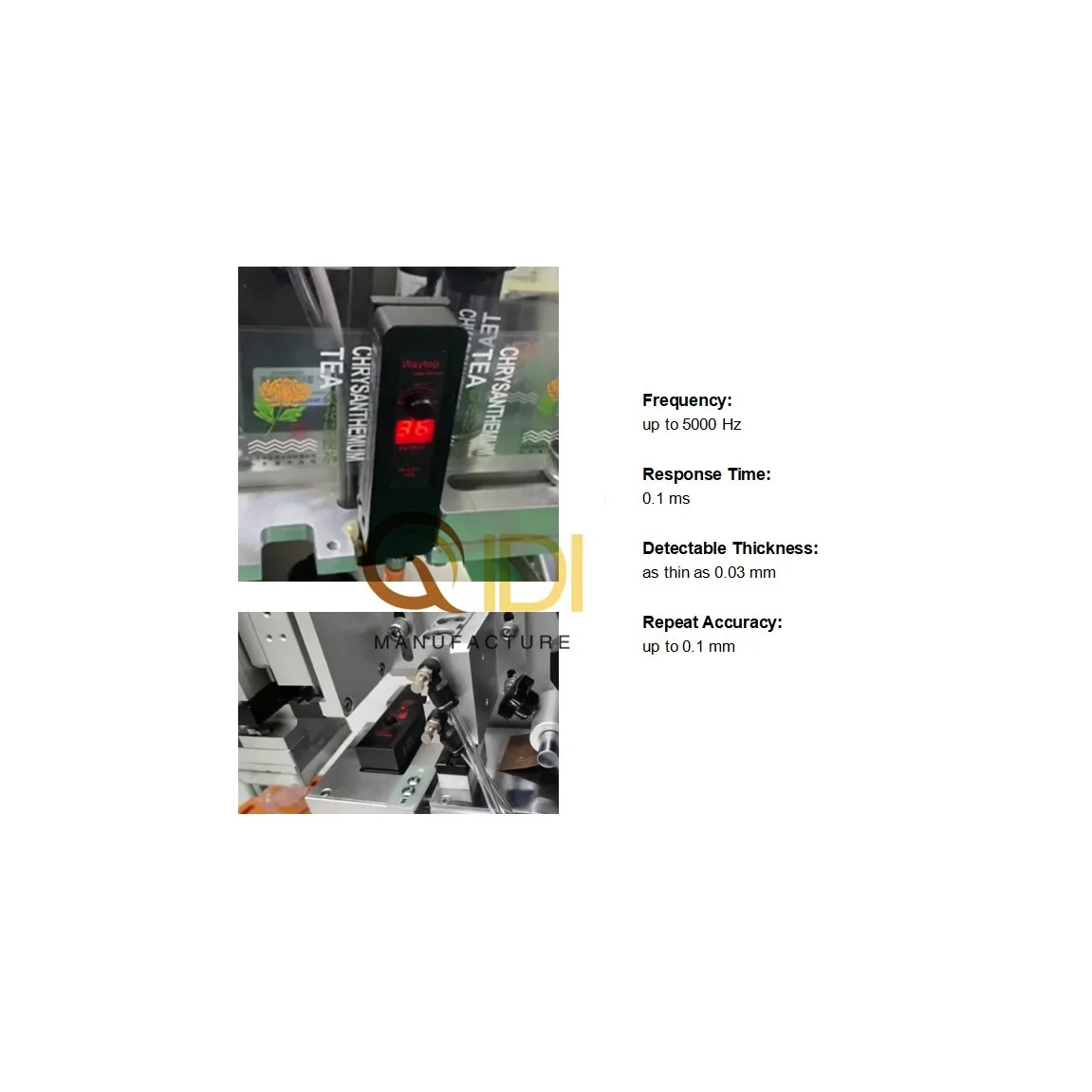 Industrial transparent label positioning sensor for label applicator