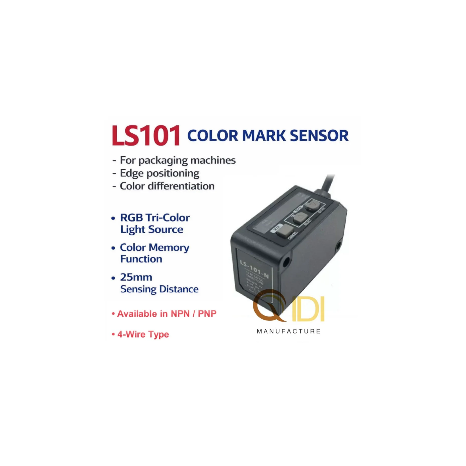 LS101 RGB Color Mark Sensor with 25mm Detection Distance, NPN/PNP Output