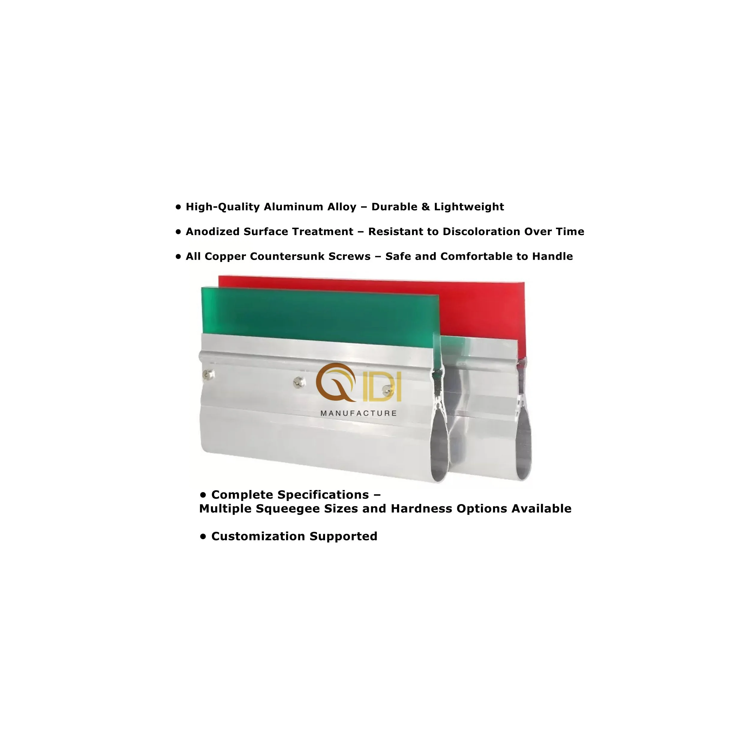 Heavy-duty aluminum screen printing squeegee with reinforced holder and PU blade