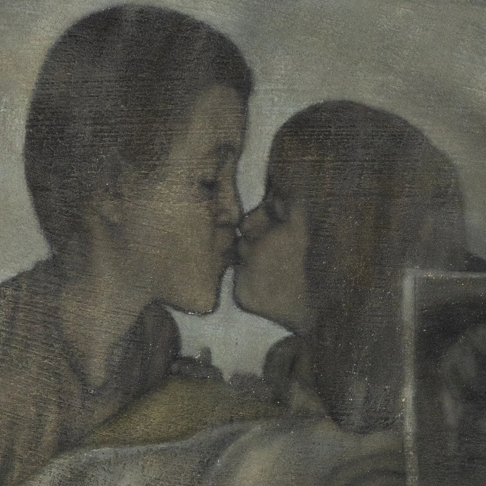 Dettaglio dei volti dei bambini dipinti dall'artista italiano emergente Manuel Capaccioli, nel quadro figurativo "La morte delle margherite"