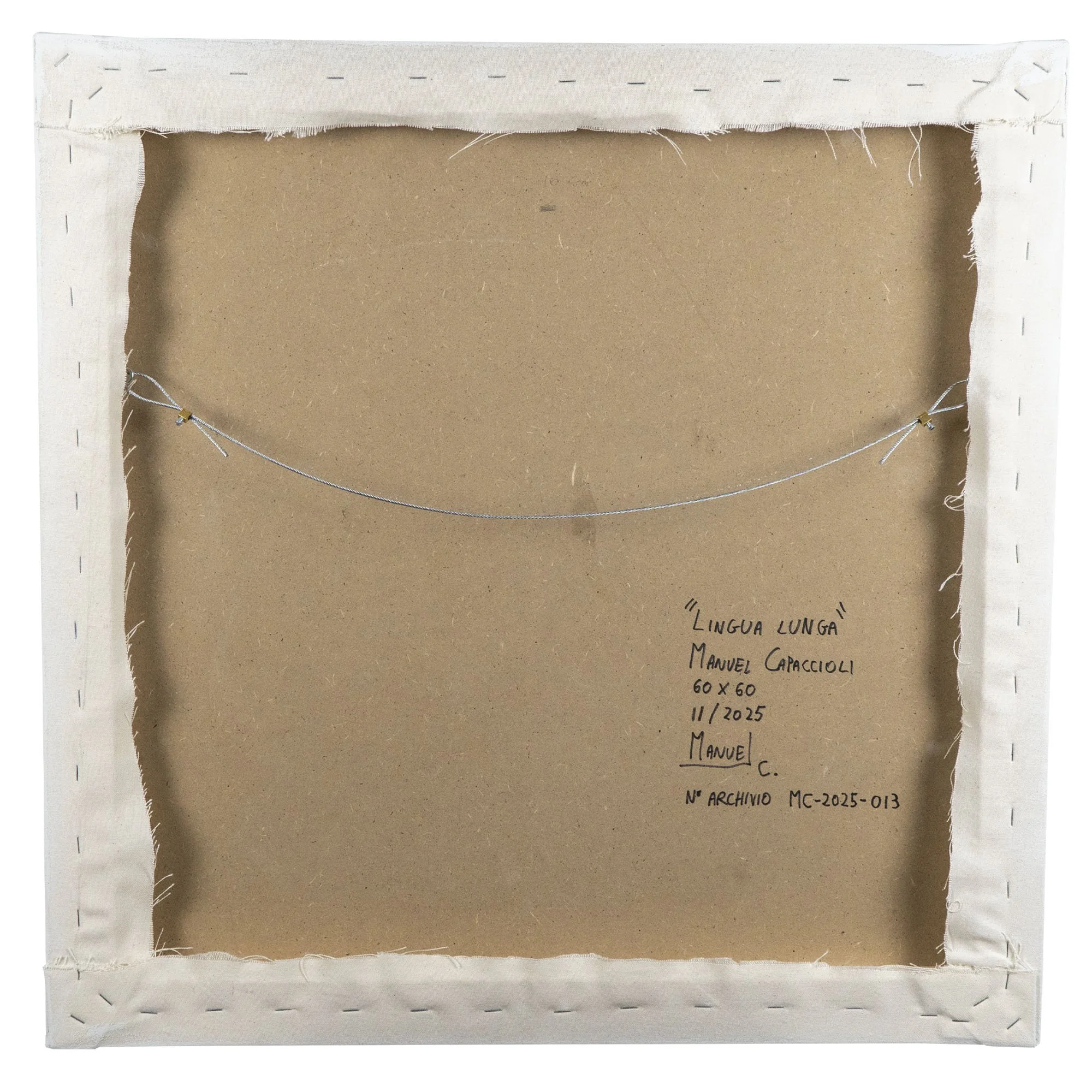 Retro del quadro "Lingua lunga" di Manuel Capaccioli, con firma, data, dimensioni e numero di archivio mc-2025-013.