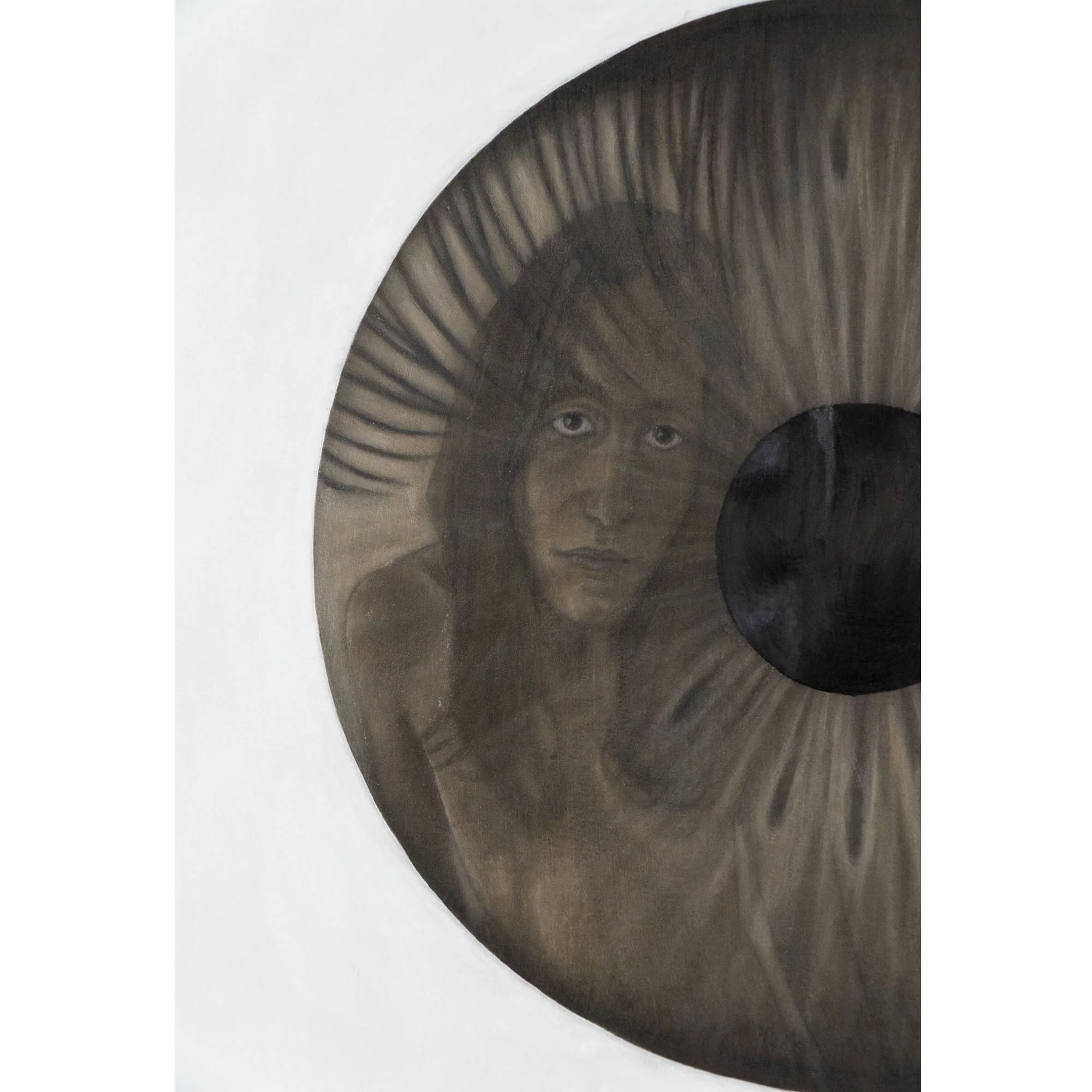 Dettaglio del volto dell'artista riflesso nel suo stesso occhio, dipinto da Manuel Capaccioli nel quadro figurativo "Un intimo sconosciuto".