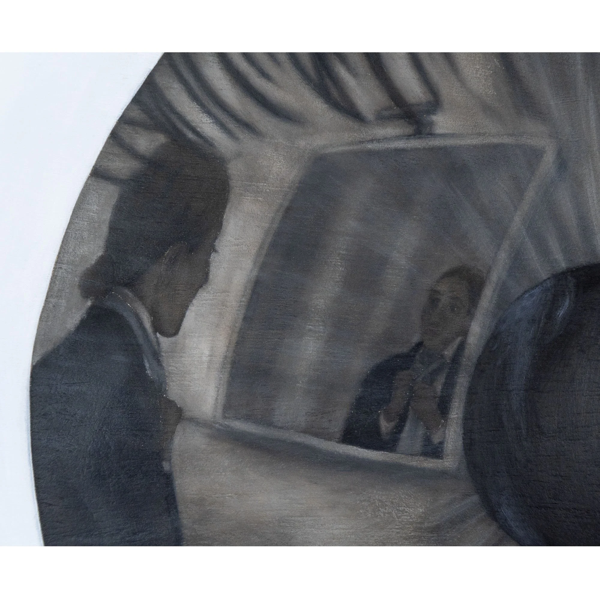 Dettaglio del riflesso nello specchio del quadro figurativo esistenzialista "Il mio bravo ragazzo" dell'artista Manuel Capaccioli.