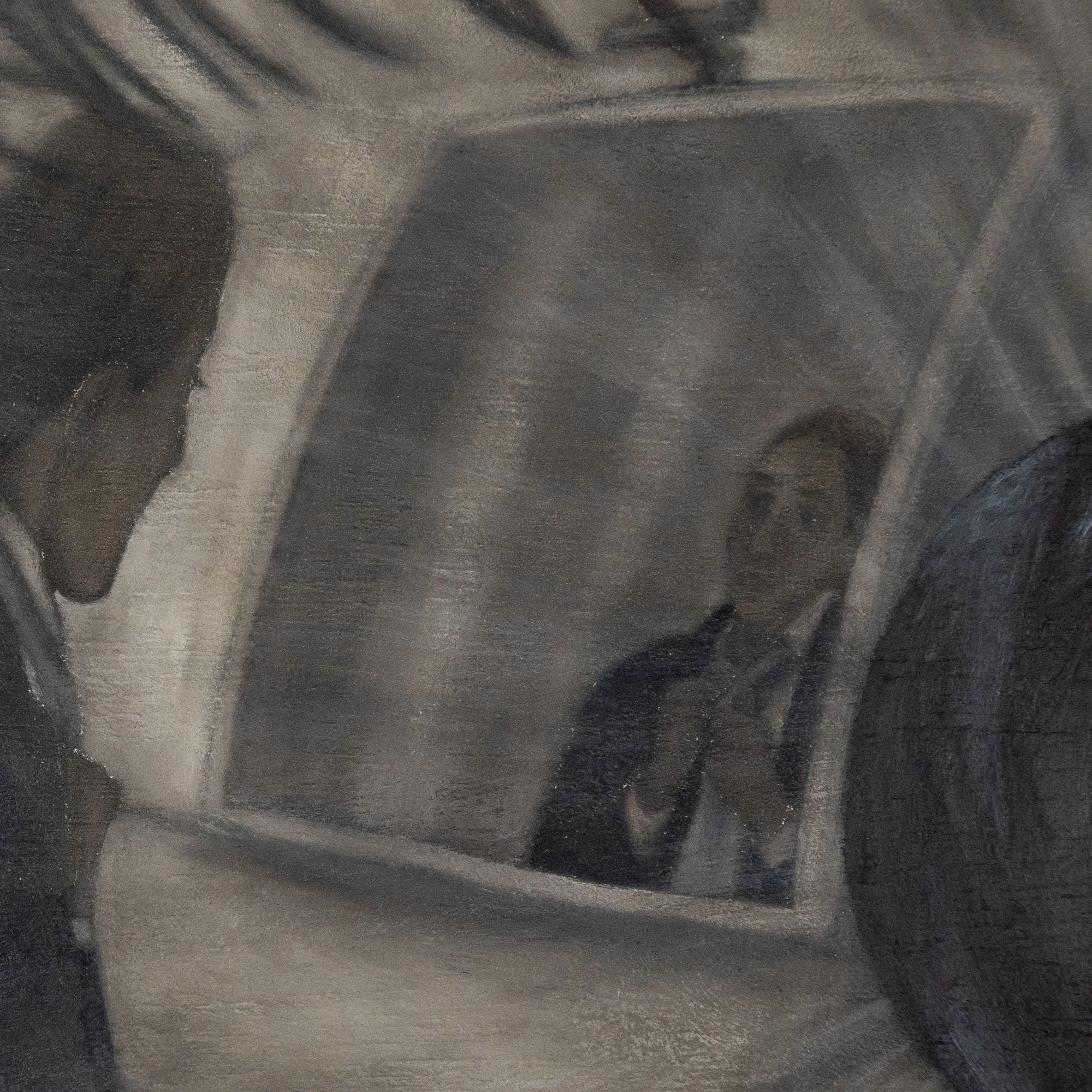 Stretta sul volto riflesso nello specchio nel quadro figurativo espressionista "Il mio bravo ragazzo" dell'artista Manuel Capaccioli.