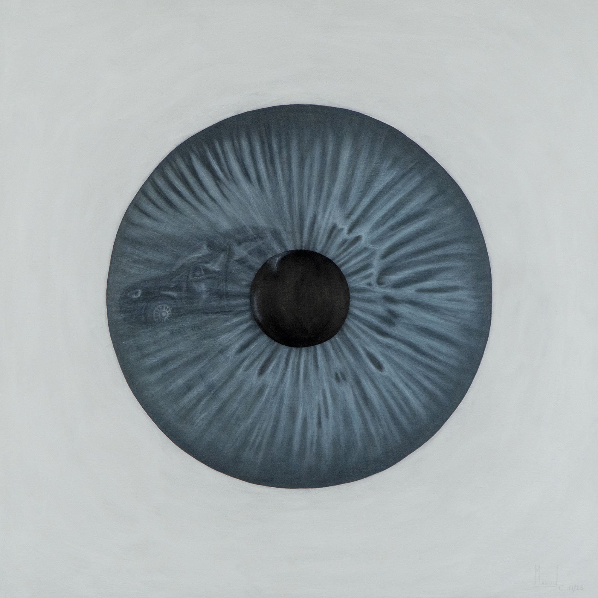 Quadro "La sfortuna del quadrifoglio" di Manuel Capaccioli, raffigurante un auto incidentata riflessa su un occhio blu.