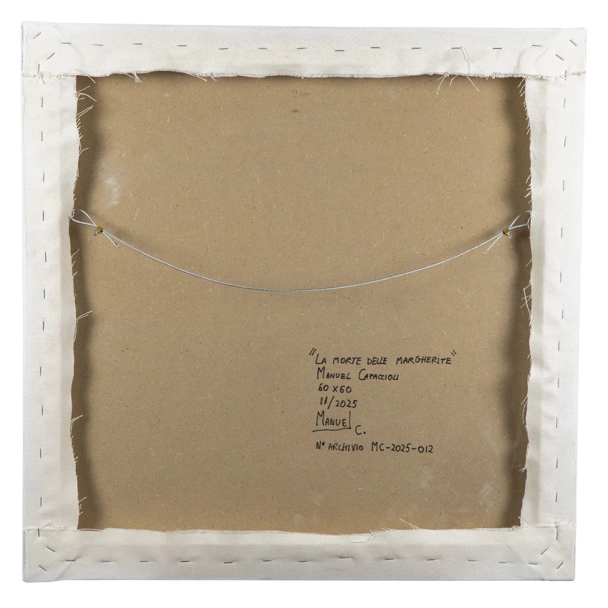 Retro del quadro "La morte delle margherite" di Manuel Capaccioli, con firma, dimensioni, data e numero di archivio mc-2025-012.