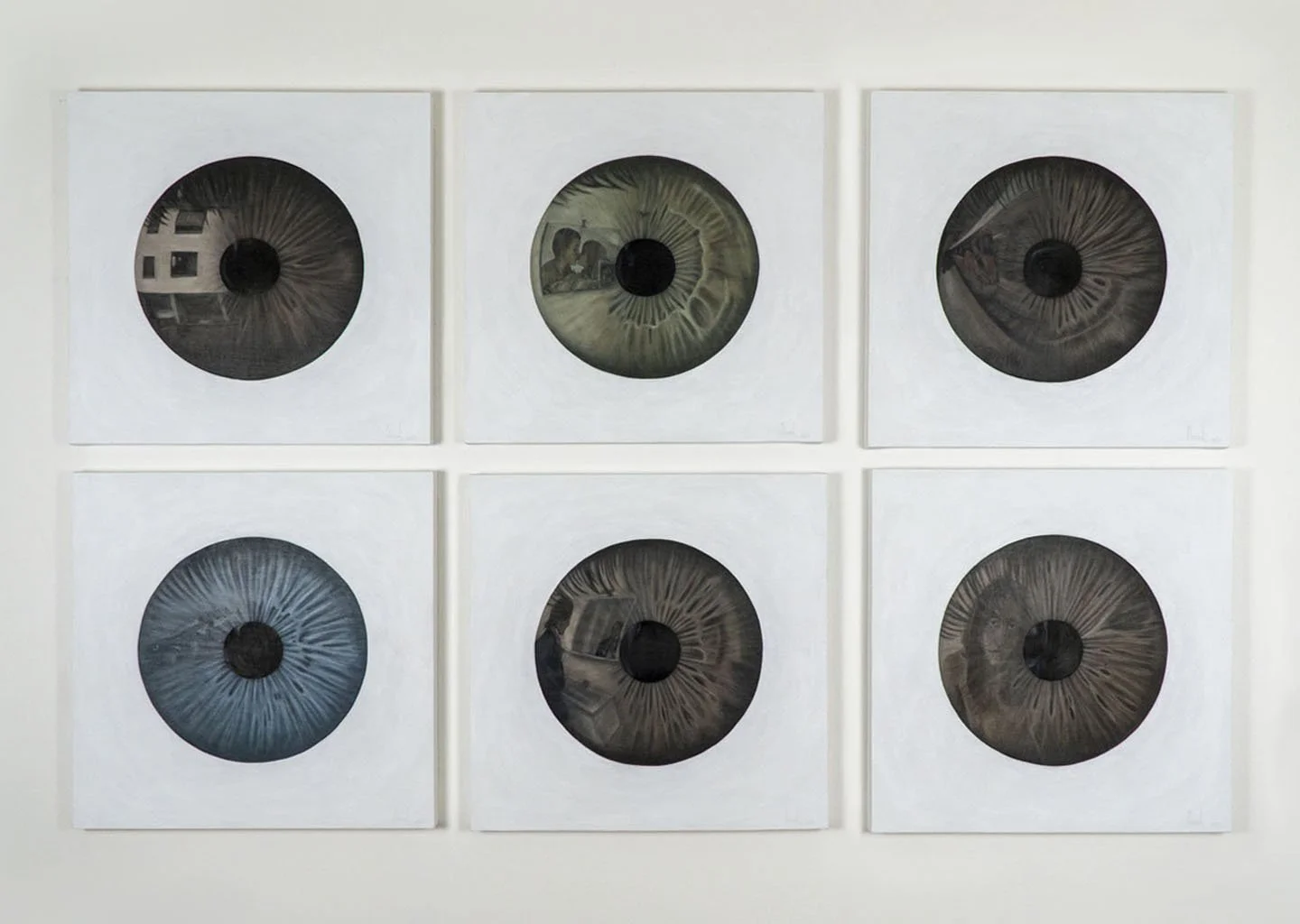 I quadri che compongono il progetto "Sguardi" di Manuel Capaccioli, con occhi su sfondo bianco.