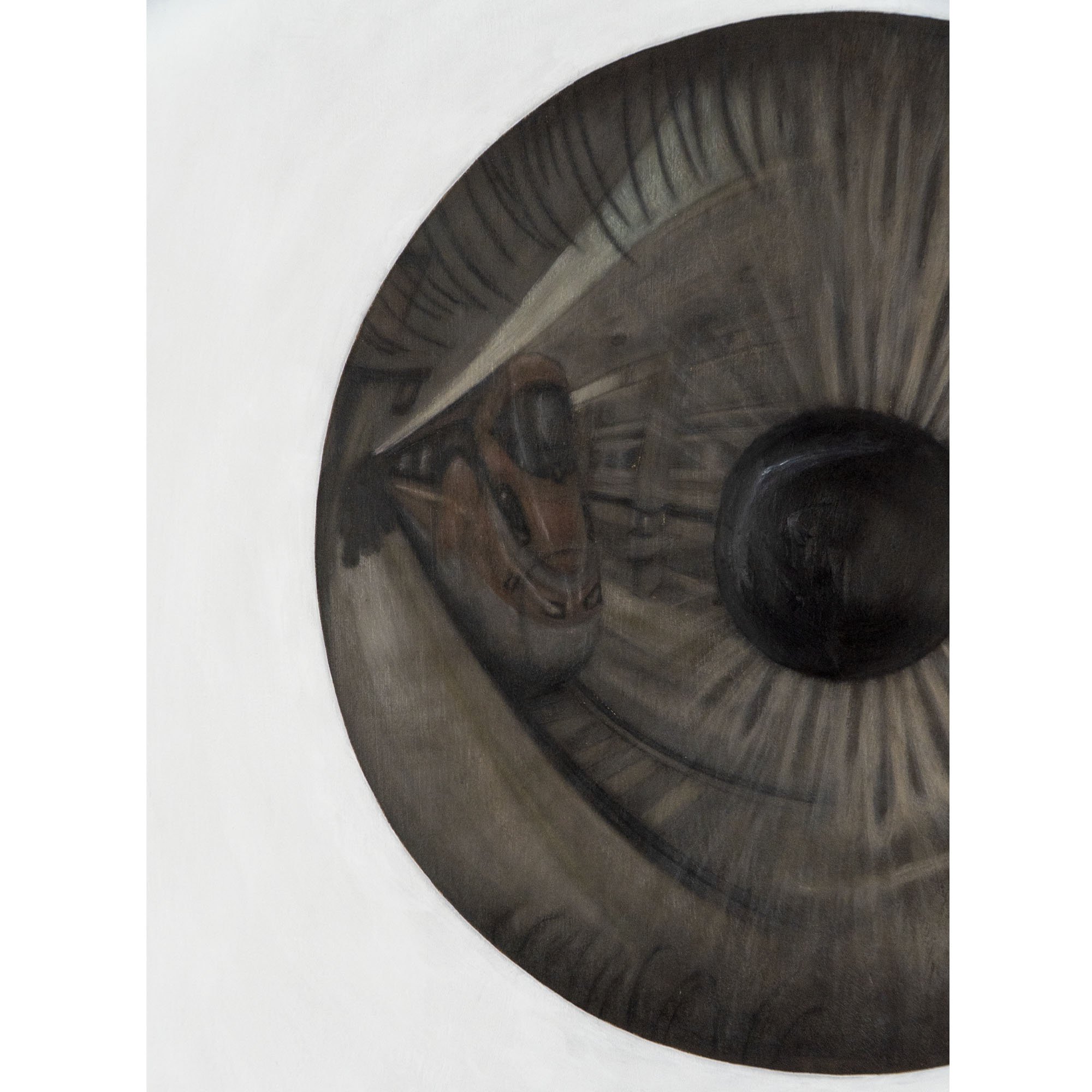 Dettaglio della stazione riflessa nell'occhio dipinto nel quadro "Lingua lunga" del pittore italiano contemporaneo Manuel Capaccioli.