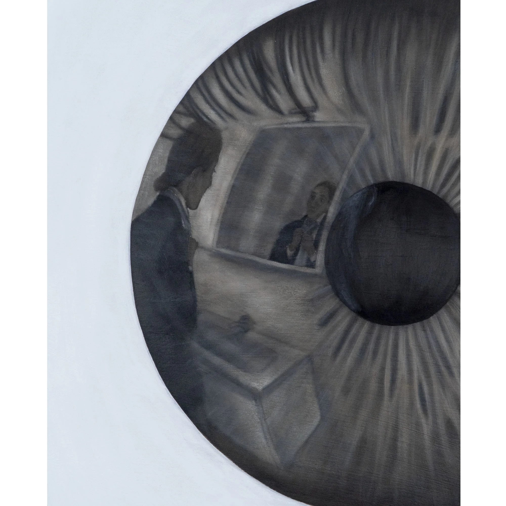 Dettaglio dell'artista che si fa il nodo alla cravatta davanti allo specchio riflesso nell'occhio nel quadro "IL mio bravo ragazzo" di Manuel Capaccioli.