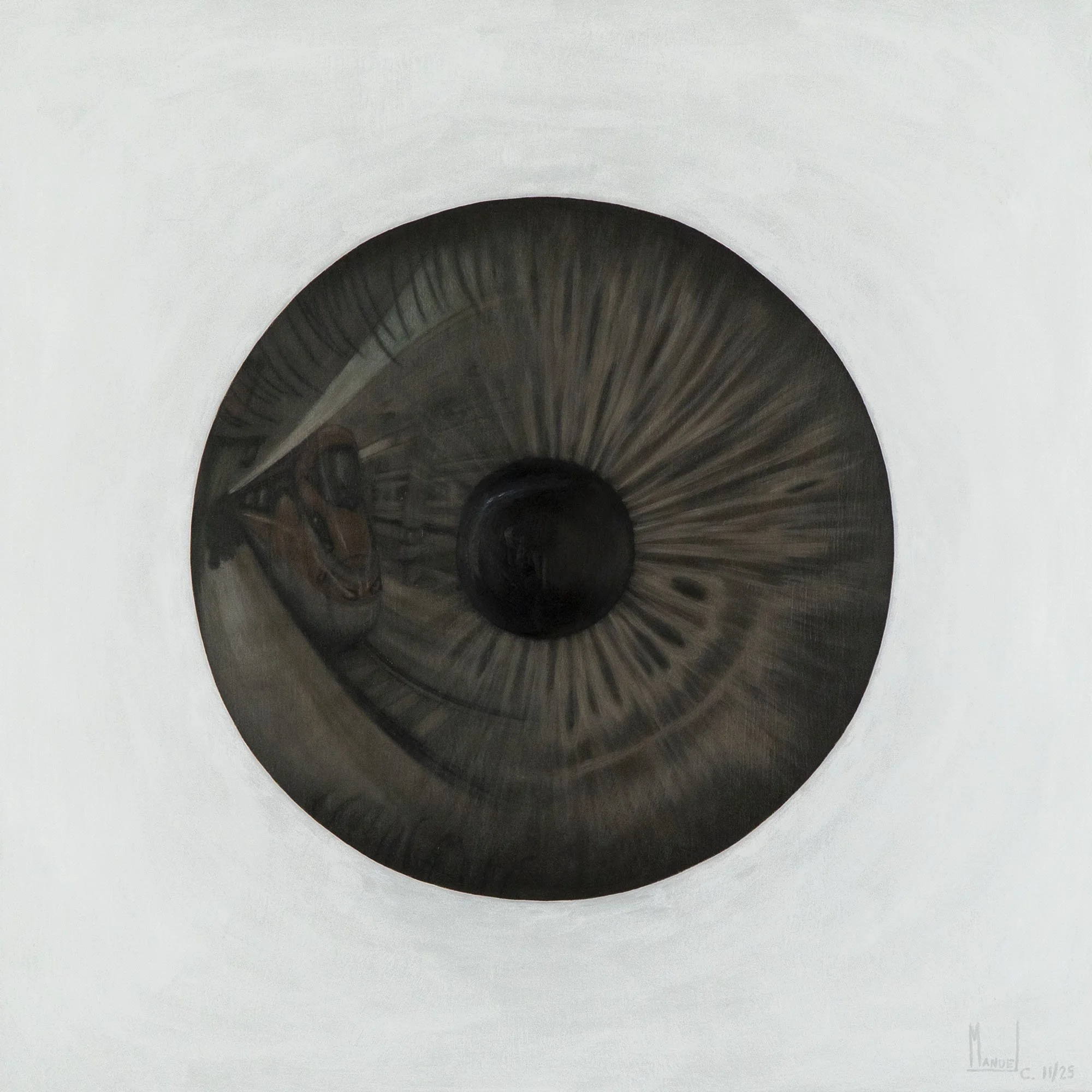 Dipinto "Lingua lunga" di Manuel Capaccioli, con stazione ferroviaria riflessa in un occhio marrone su sfondo bianco.