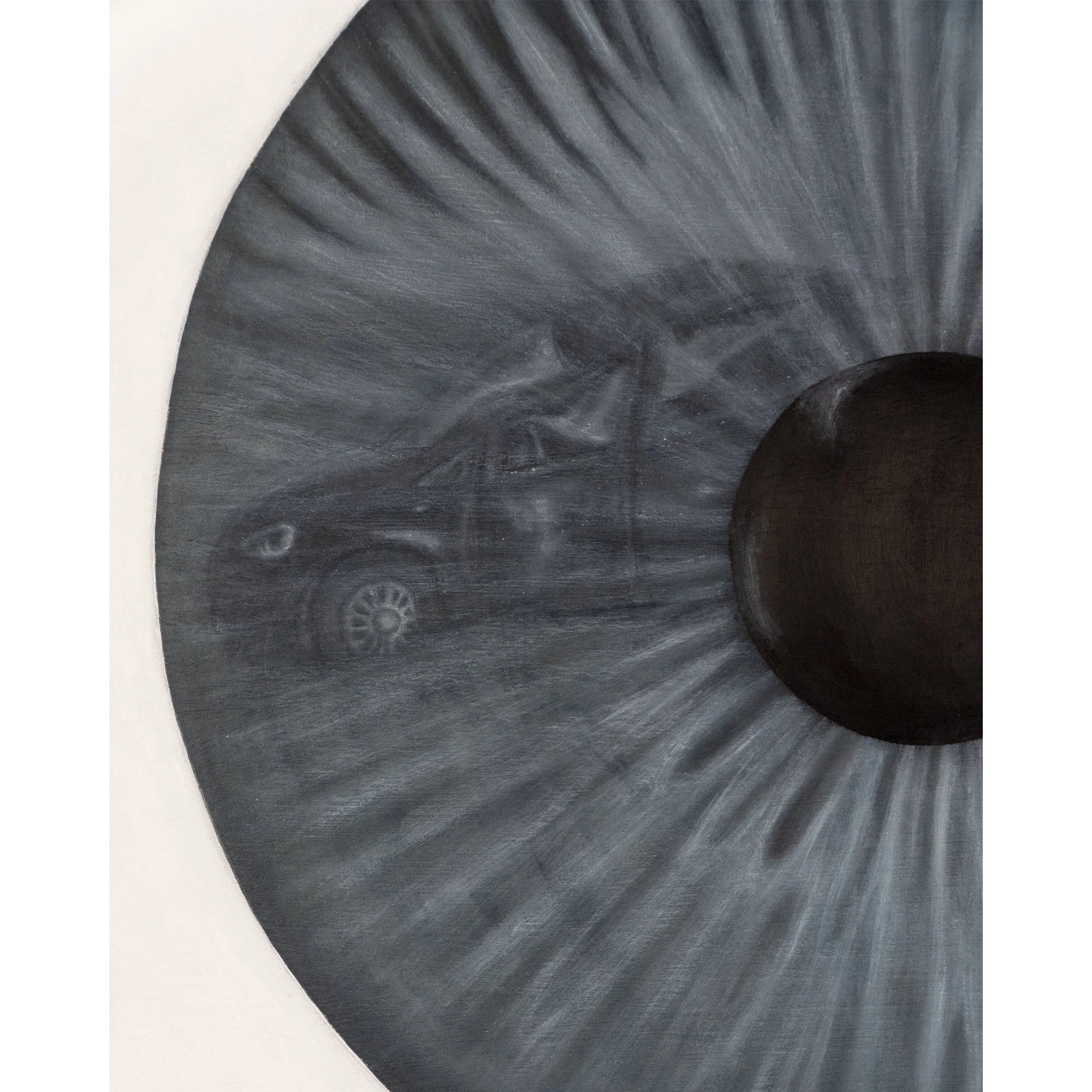 Stretta sull'auto riflessa nell'occhio nel quadro "La sfortuna del quadrifoglio", dell'artista contemporaneo Manuel Capaccioli.