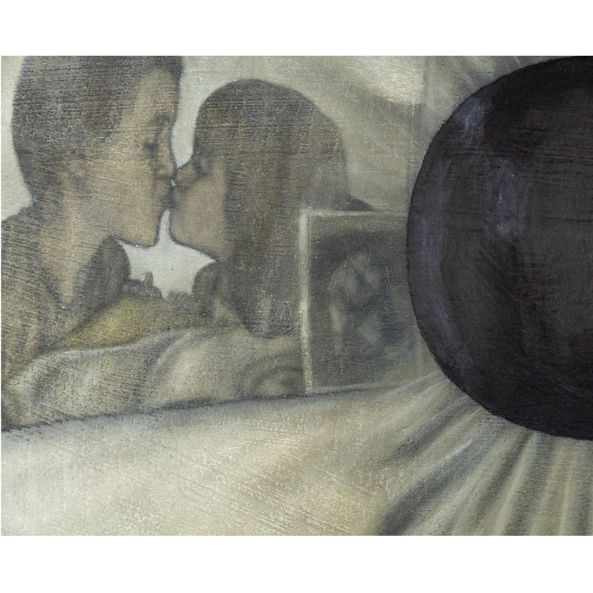 Dettaglio della fotografia riflessa nell'occhio verde del quadro "La morte delle margherite" di Manuel Capaccioli.