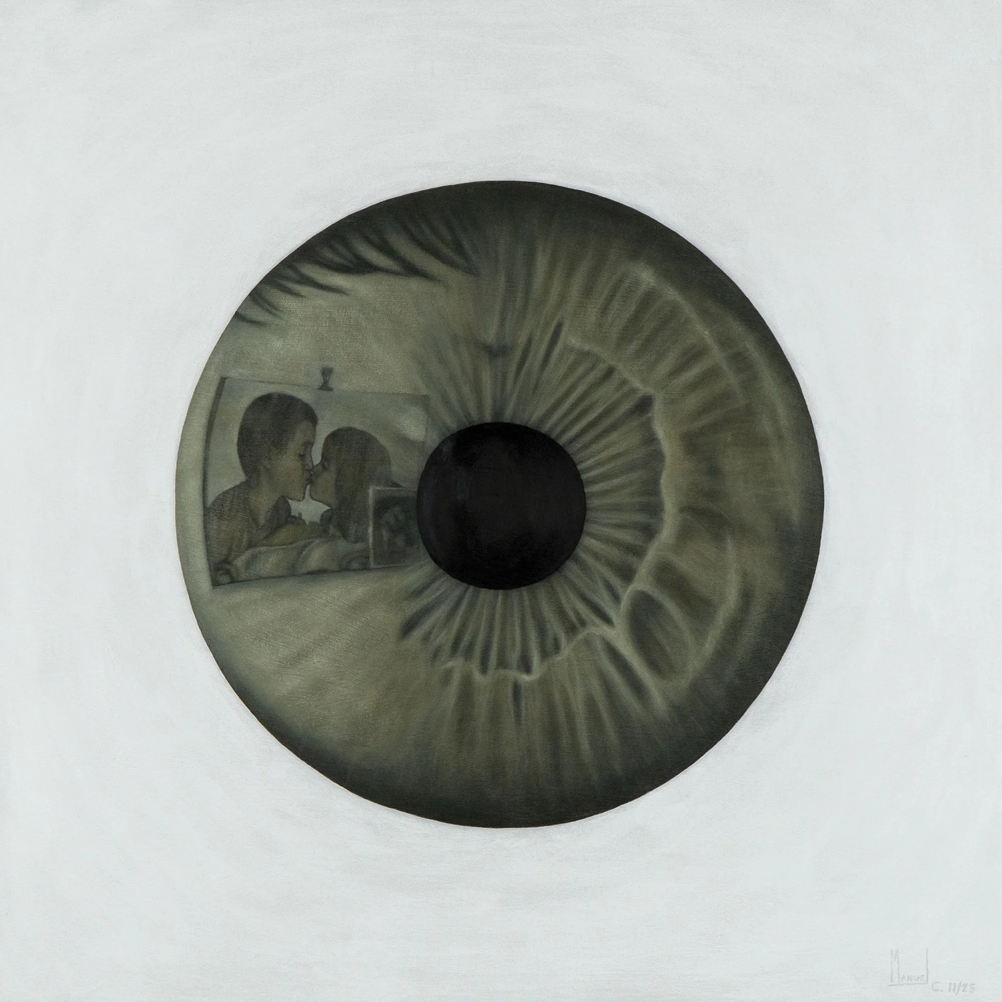 Quadro "La morte delle margherite" di Manuel Capaccioli, con fotografia incorniciata riflessa su un occhio.