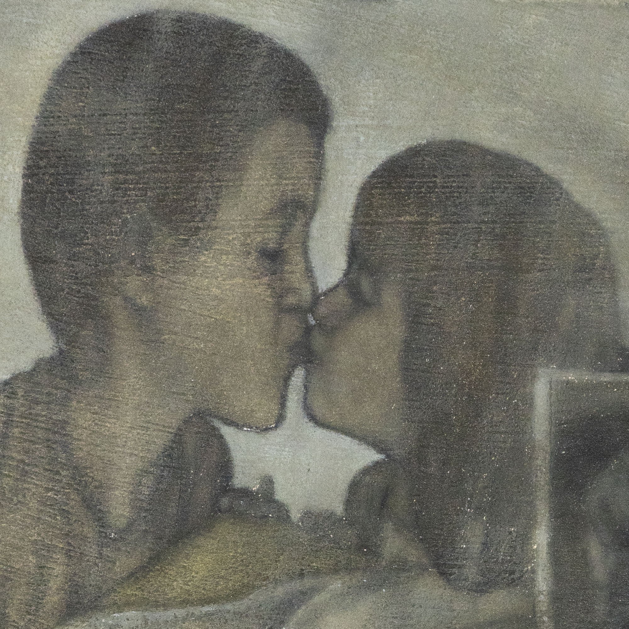 Dettaglio dei volti dei bambini dipinti dall'artista italiano emergente Manuel Capaccioli, nel quadro figurativo "La morte delle margherite"