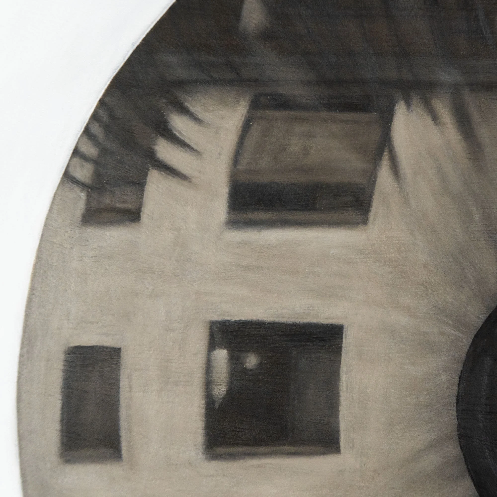 Zoom sulle finestre nel quadro esistenzialista "L'appartamento" dell'artista emergente Manuel Capaccioli.