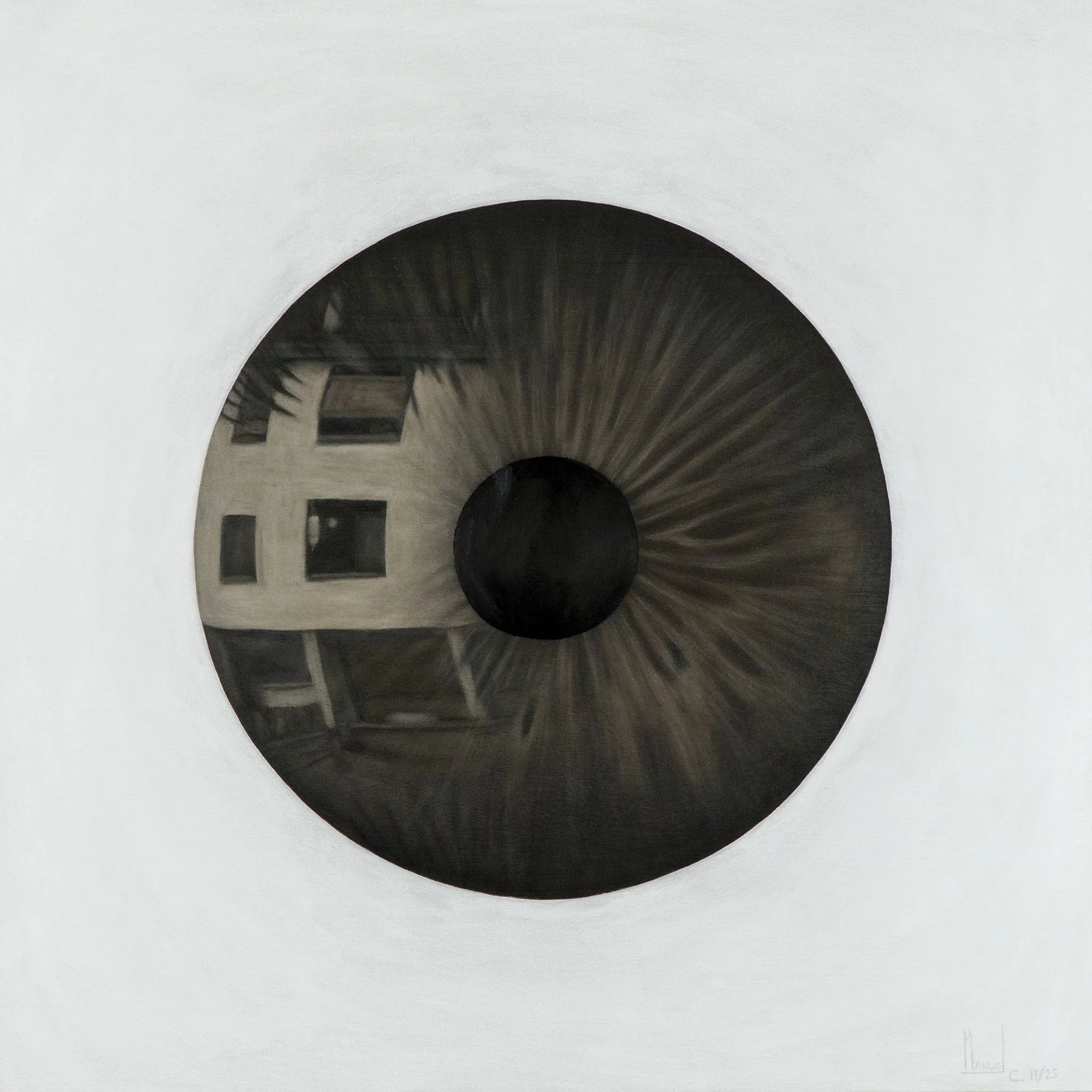 "L'appartamento", quadro figurativo dell'artista italiano Manuel Capaccioli, con condominio riflesso in un occhio.